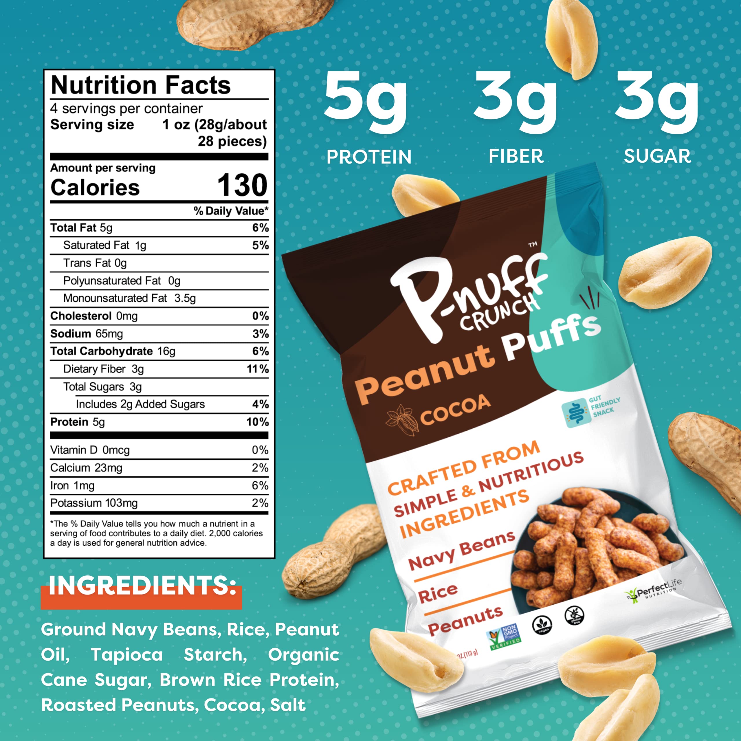 Pnuff Crunch Peanut Butter Puffs - Healthy Snacks, Low Calorie Snacks, Gluten Free Snacks, Vegan, High Protein, Keto, Office Snacks, Low Sugar, as Seen on Shark Tank - Cocoa, 4 Oz Bag (Pack of 6)
