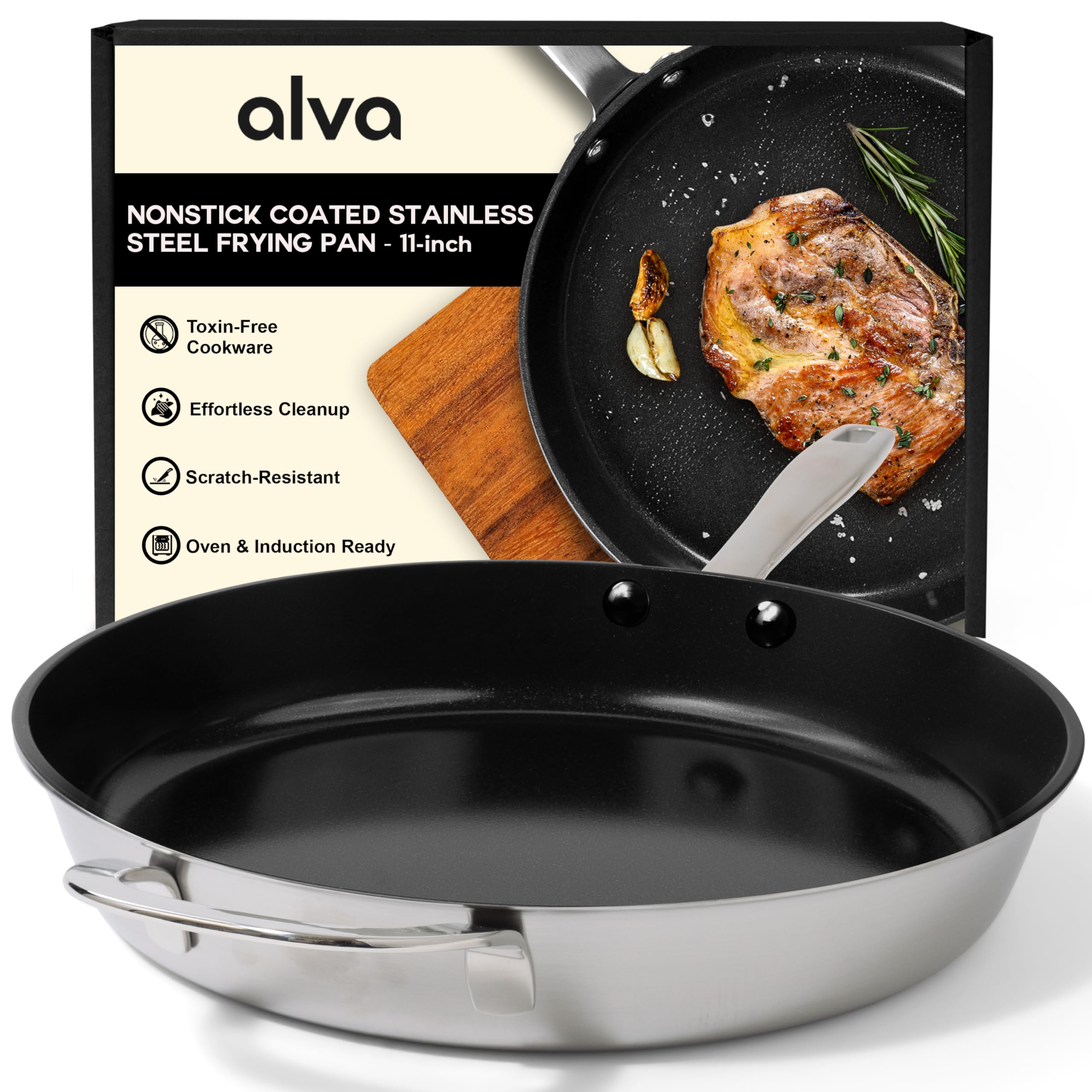 Alva Maestro 11-Inch Stainless Steel Nonstick Frying Pan – Made Without PFAS, PFOA & PTFE Ceramic Coating – Reinforced 5-Ply Aluminum Core, Oven & Induction Safe for Even Heat, Easy to Clean Coating