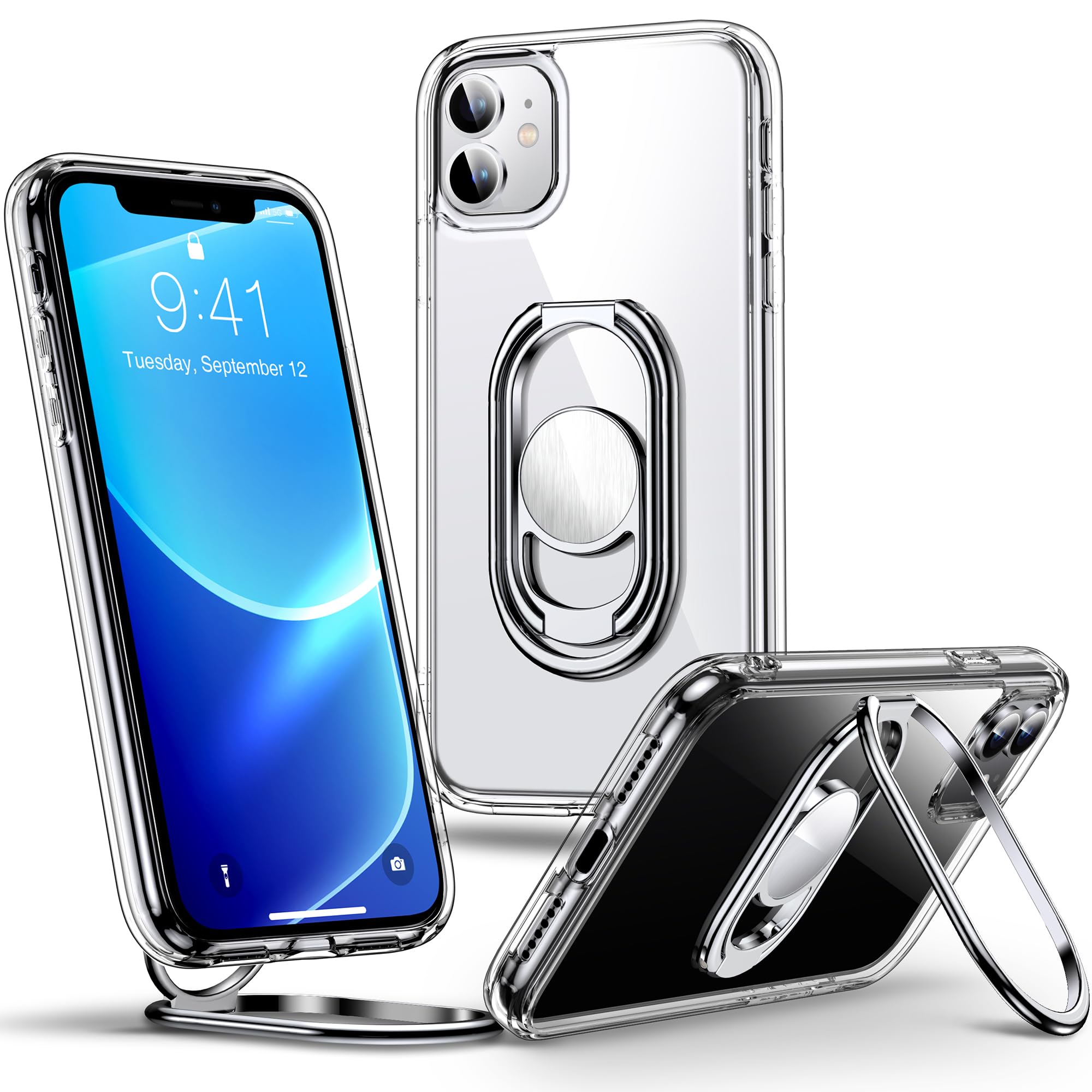 Shields Up for iPhone 11 Case with Stand, Phone Case Clear with Double Ring Holder [Adjustable & Foldable] Shockproof Protective Cover for iPhone 11 6.1 inch - Clear