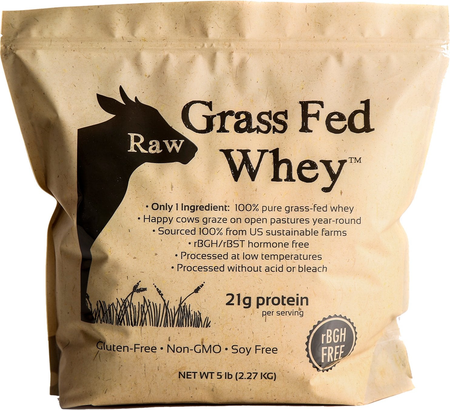 100% Raw Grass Fed Whey - Happy Healthy Cows, COLD PROCESSED Undenatured Protein Powder, GMO-Free + rBGH Free + Soy Free + Gluten Free, Unflavored, Unsweetened (5 LB BULK, 90 Serve)