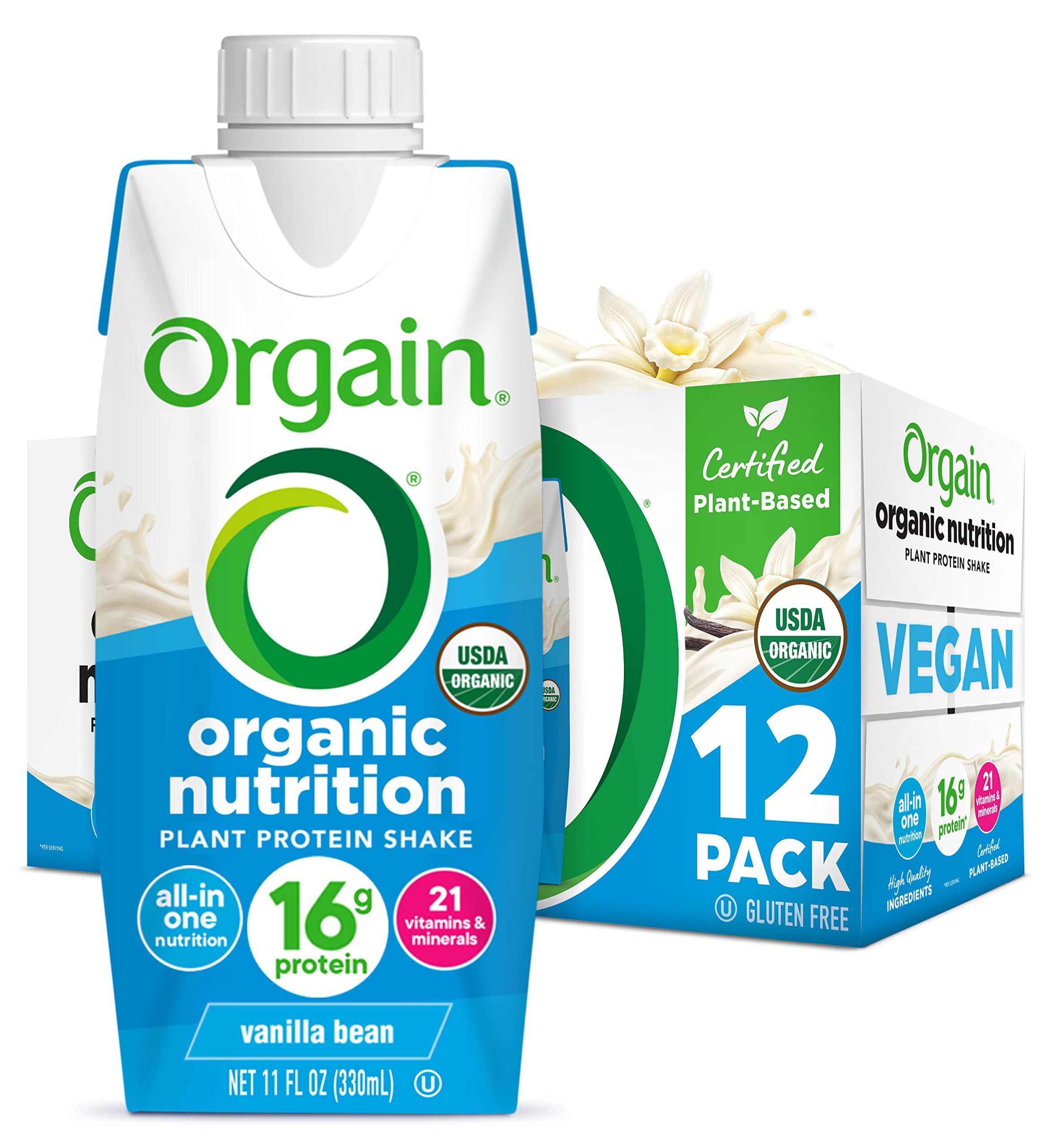 Orgain Organic Nutritional Vegan Protein Shake, Vanilla Bean - 16g Plant Based Protein, Meal Replacement, 21 Vitamins & Minerals, Fruits & Vegetables, Gluten Free, Non-GMO, 11 Fl Oz (Pack of 12)