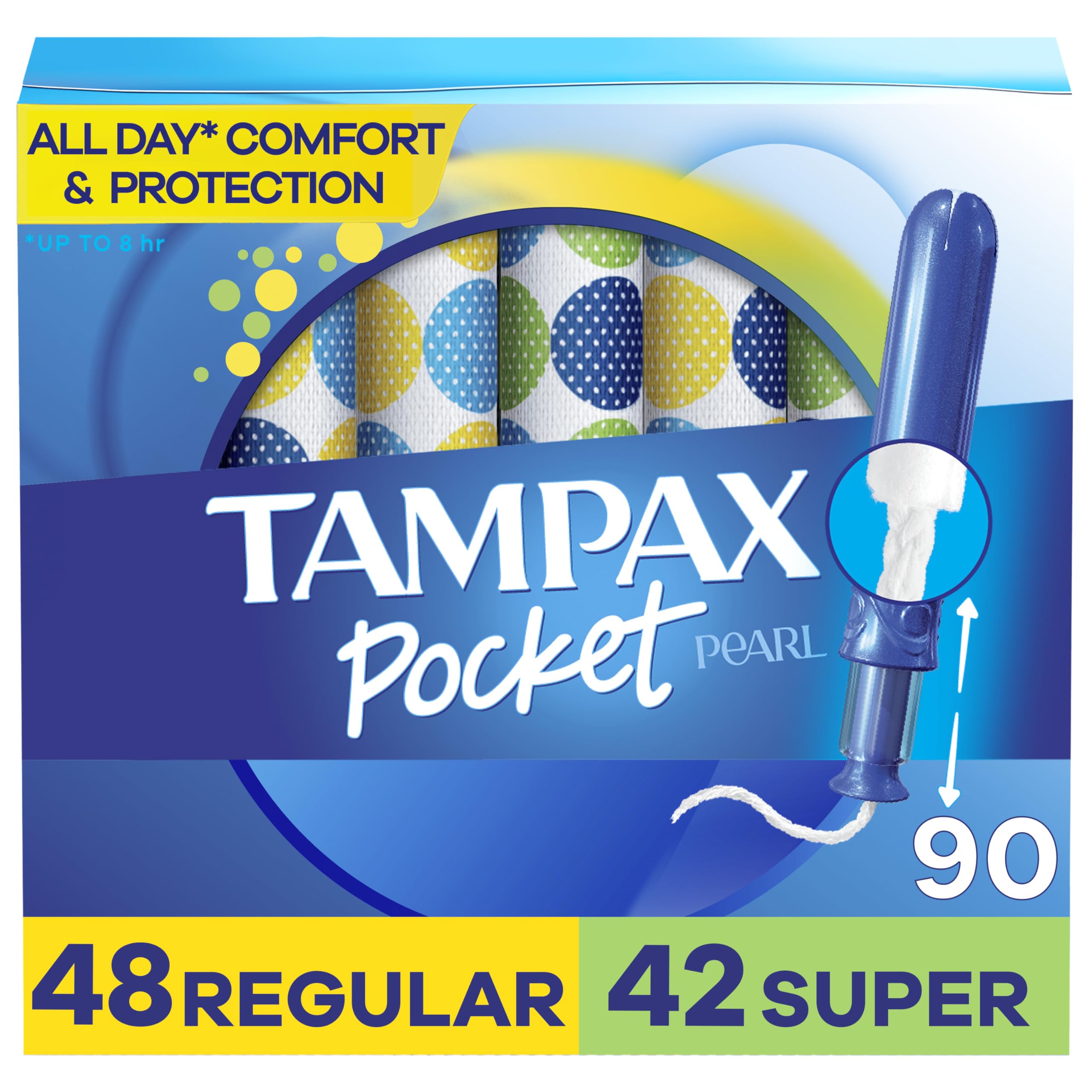 Tampax Pocket Pearl Compact Tampons Duo Pack, Regular/Super Absorbency with BPA-Free Plastic Applicator and LeakGuard Braid, Unscented, 90 Count Total (3 Packs of 30)