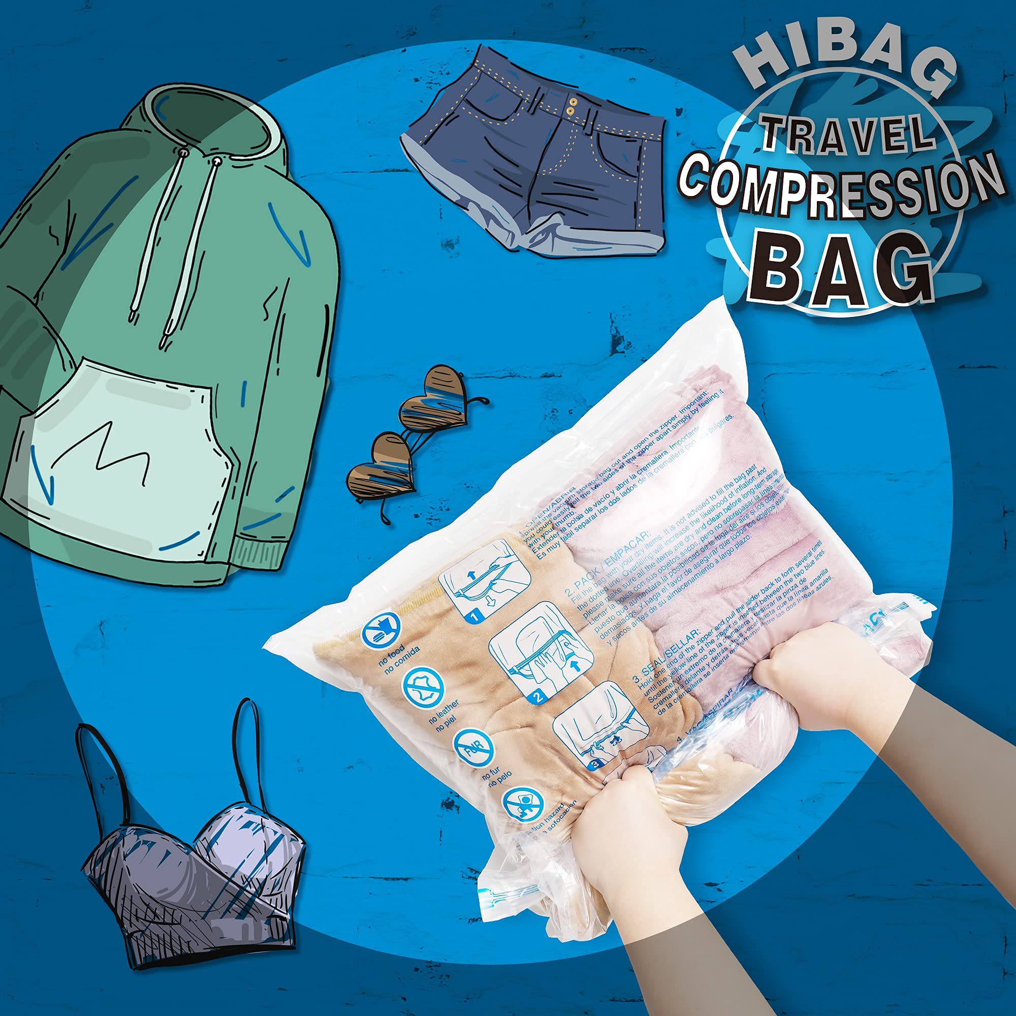 HIBAG 12 Compression Bags for Travel, Travel Essentials Compression Bags, Vacuum Packing Space Saver Zipper Bags for Cruise Travel Accessories (12-Travel)