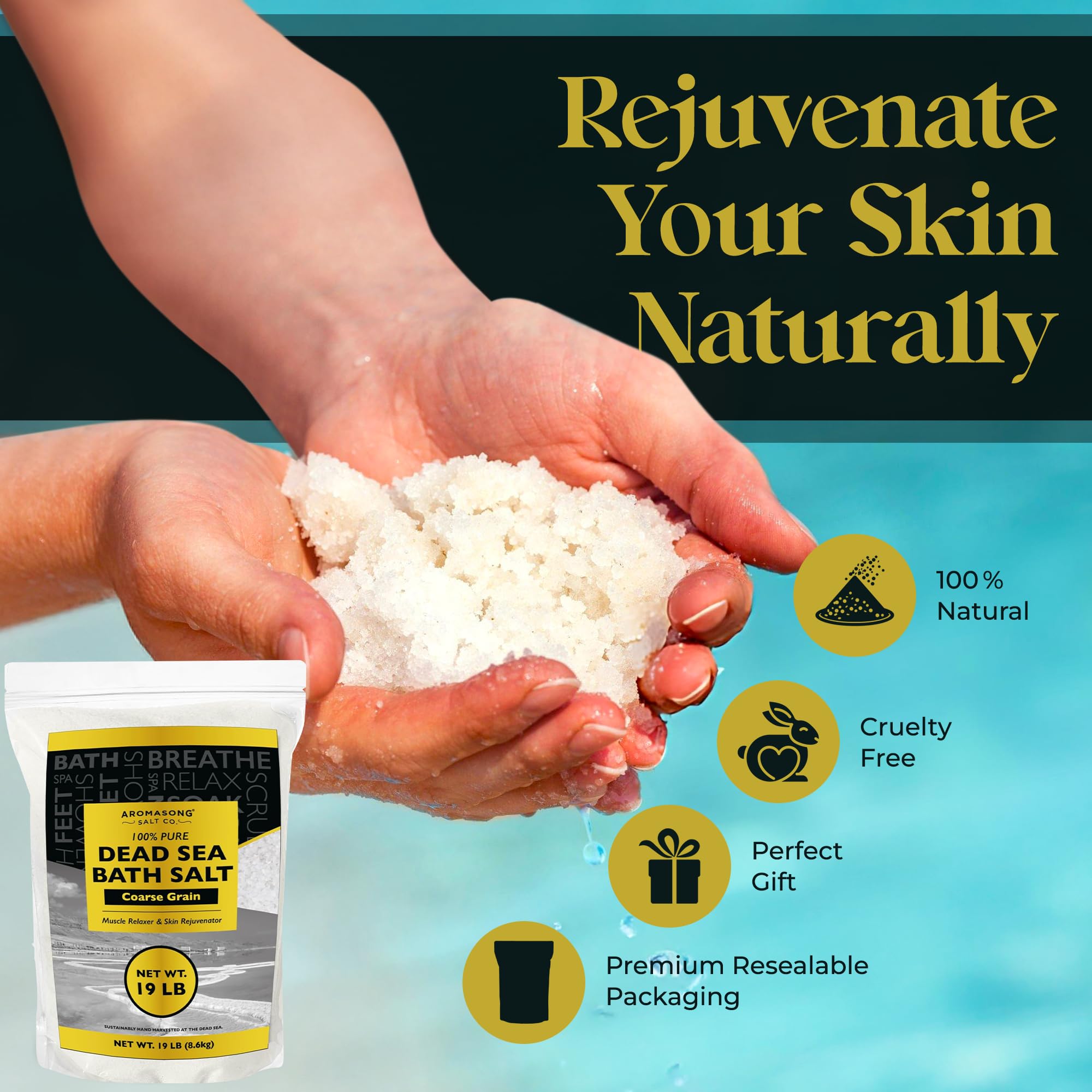 Aromasong Dead Sea Salt for Soaking - Coarse Grain Bath Salt Soak - 19 Lbs Bulk Resealable Pack - Leaves Your Skin Softer Then Epsom Salt