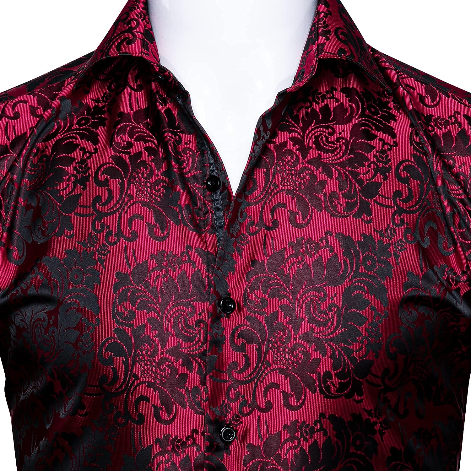 Barry.Wang Mens Dress Shirt, Red Floral Silk Long Sleeve Button Down Regular Fit Shirts Designer