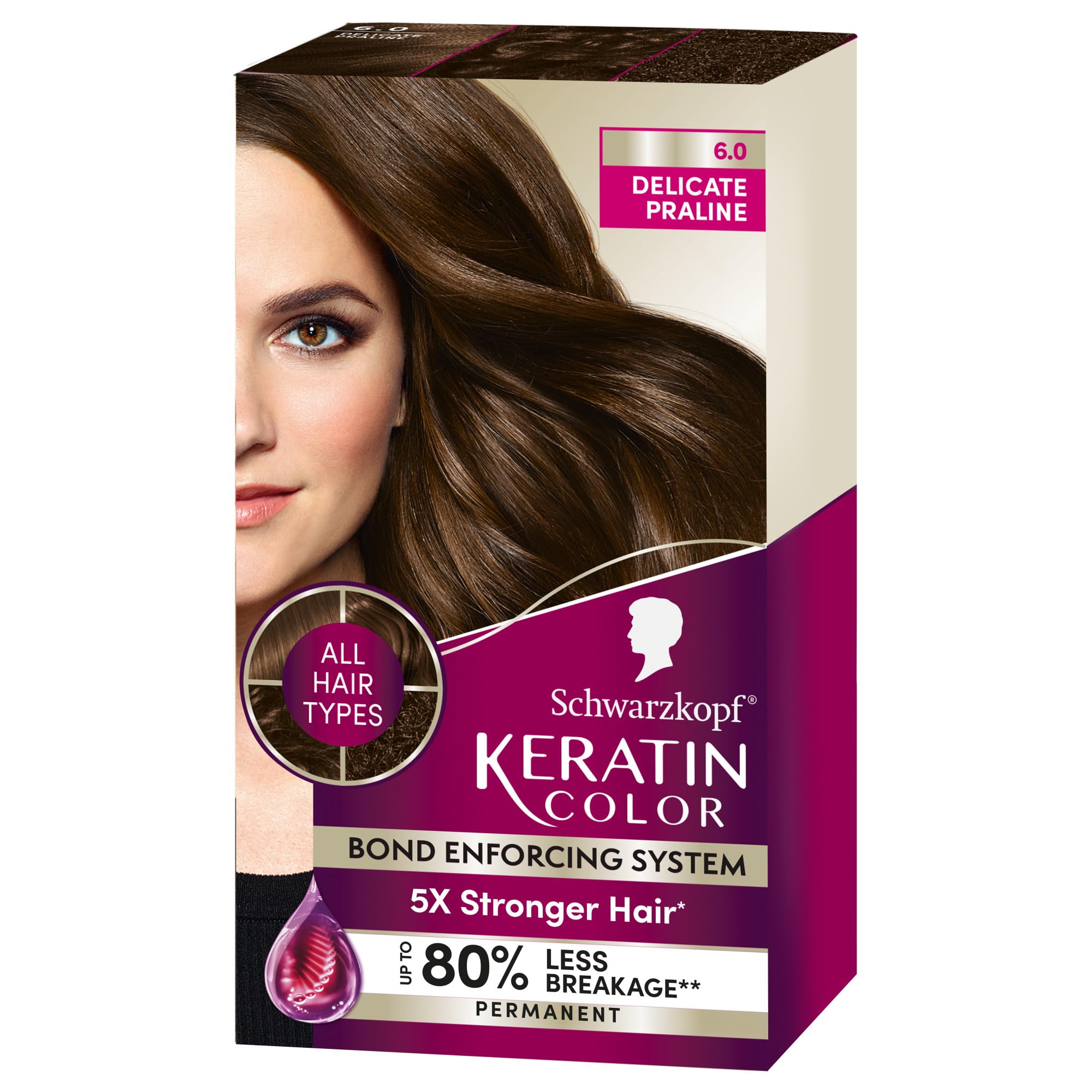 Schwarzkopf Keratin Permanent Hair Color, 6.0 Delicate Praline, 1 Application - Professionally Inspired Permanent Hair Dye, for up to 80% Less Breakage vs Untreated Hair and up to 100% Gray Coverage