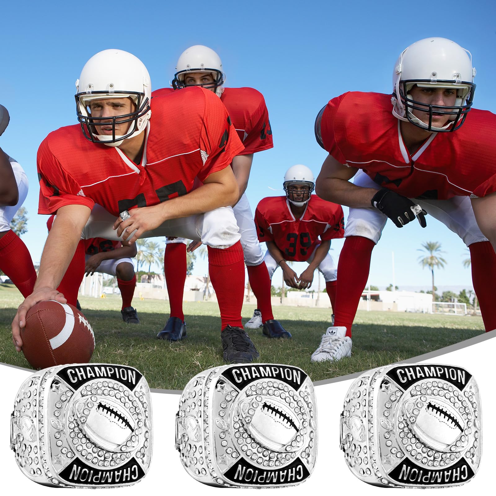 Landical 12 Pcs Silver Football Championship Rings Ball Games Championship Trophy Rings Sport Ball Award Gift with Display Neck Chain and Stand for Tournament or League Champion Winner