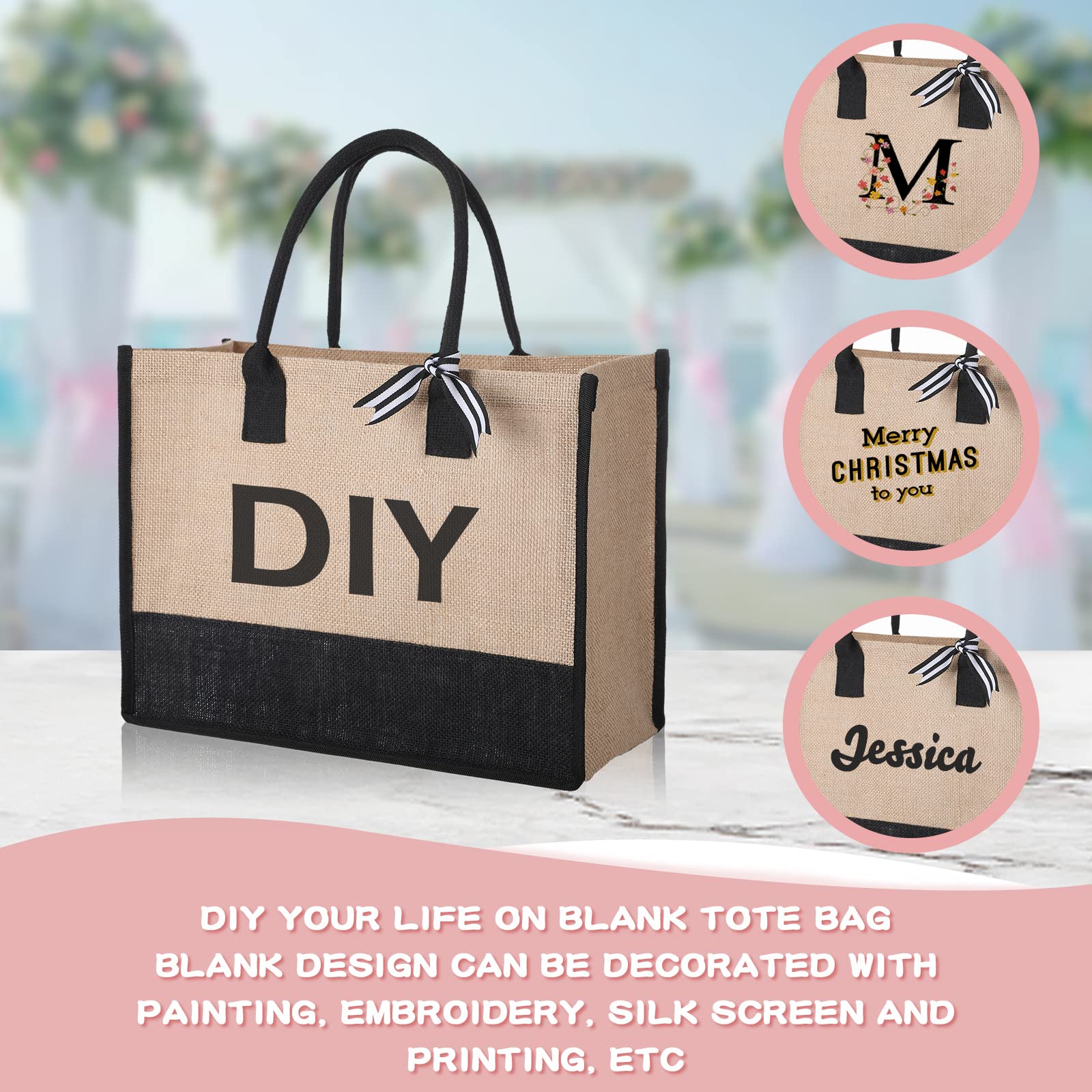 12 Pieces Burlap Tote Bags Set Jute Tote Bag with Handles Initial Canvas Beach Large Reusable Gift Bag for Women Shopping Market Grocery Holiday Travel DIY Bags