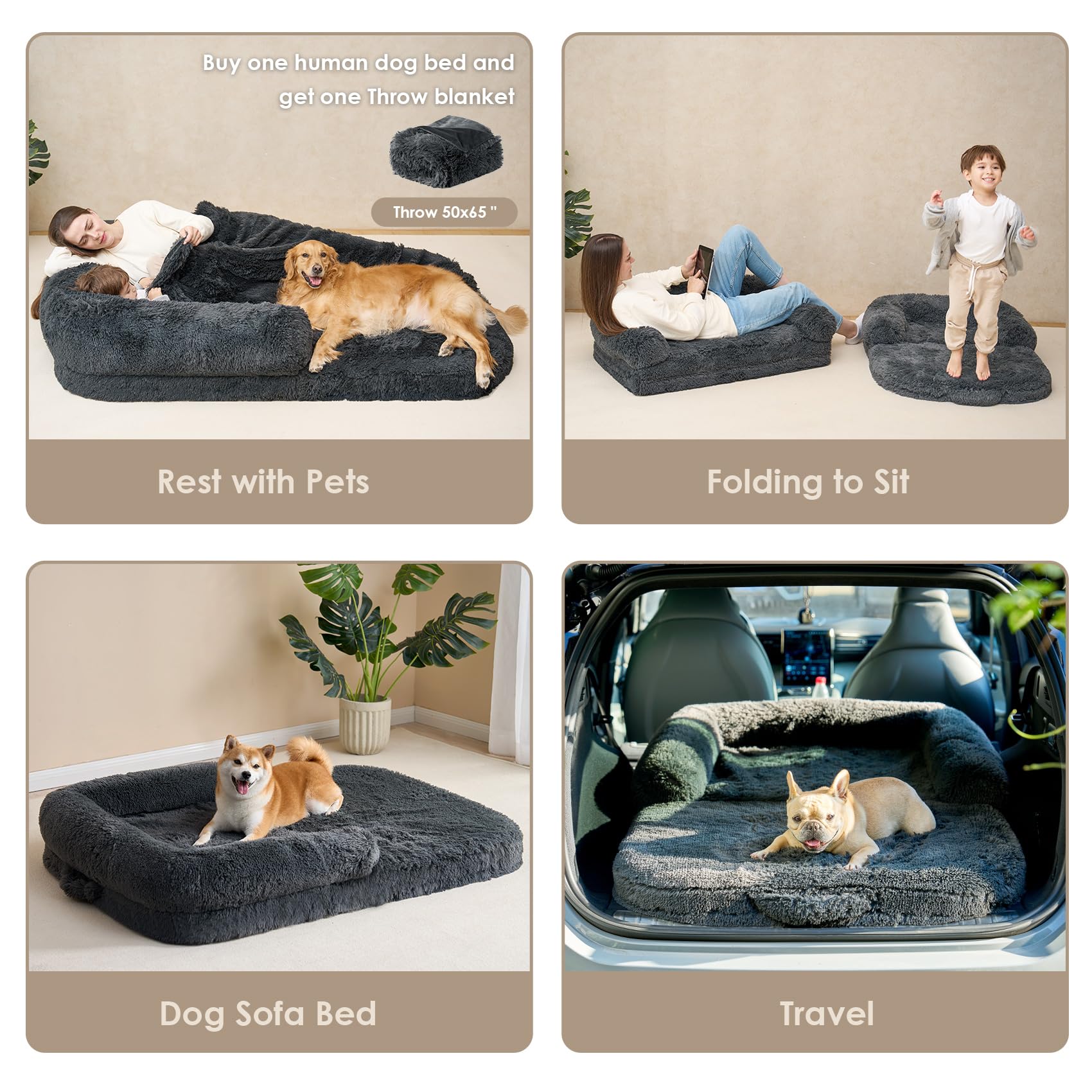 EHEYCIGA Foldable Human Dog Bed for Adult, Orthopedic Memory Foam Dog Bed for Humans, Waterproof Human Dog Bed for People, Faux Fur Human Sized Dog Bed, Dark Grey, 72"x44"x11"