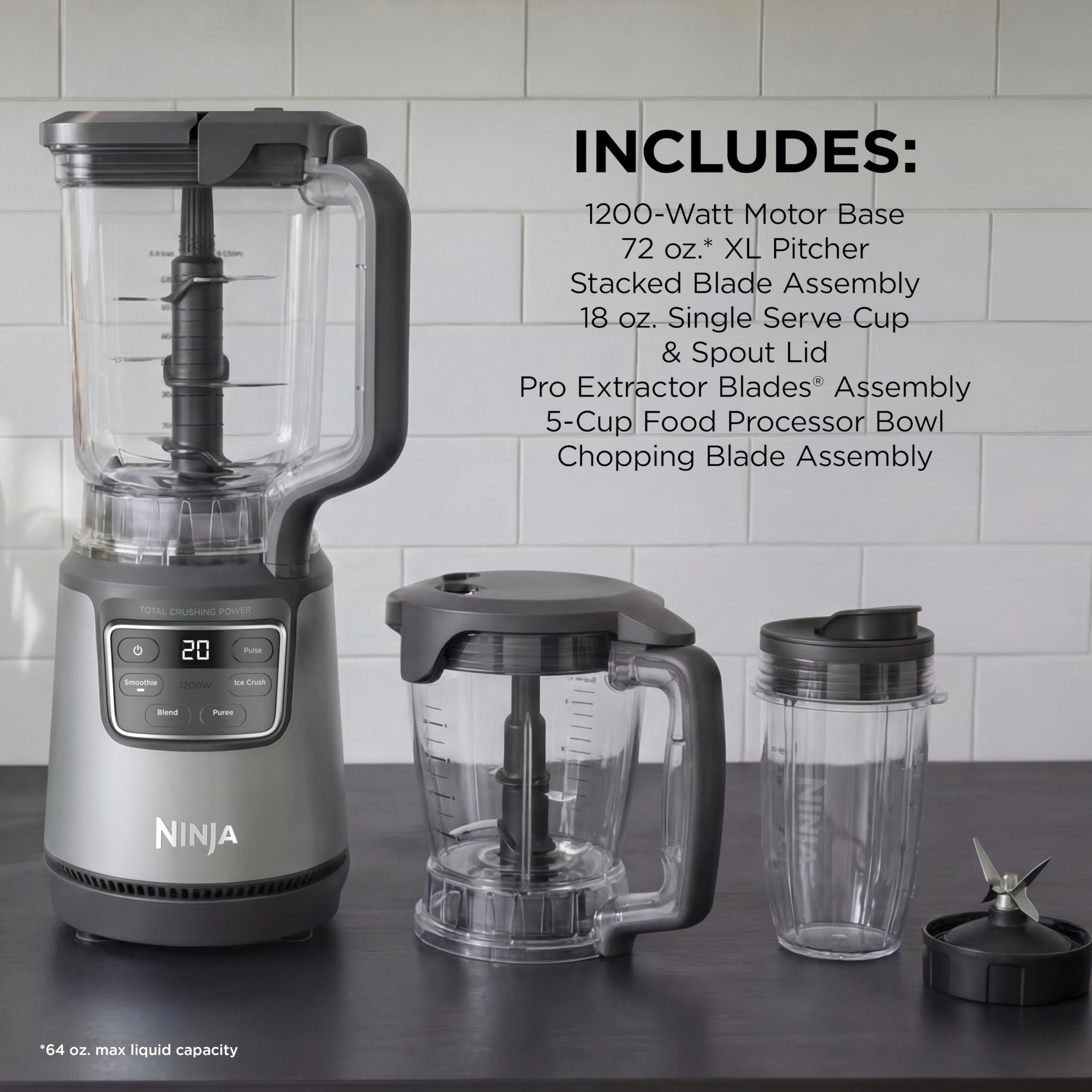 Ninja BlendPro Kitchen System | 72 oz* Full-Size Blender, 5-Cup Food Processor & 18 oz To-Go Cup | Total Crushing Tech, Presets for Smoothies, Ice Crush, Purees & Extracts | 1200 Watt | Beige | BO402