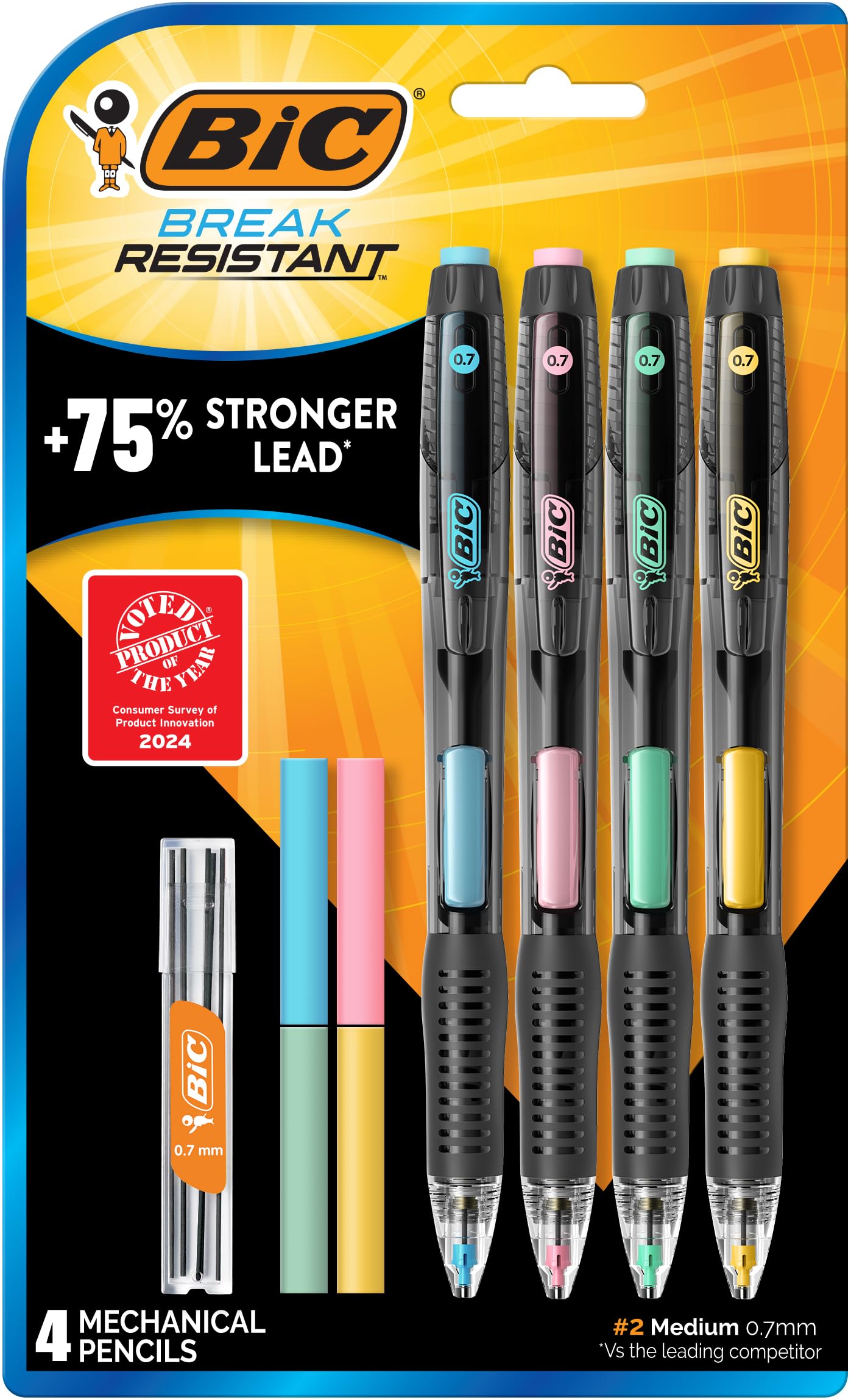 BIC Break-Resistant Mechanical Pencils with Erasers, No. 2 Medium Point (0.7mm), 4-Count Pack for School or Office Supplies