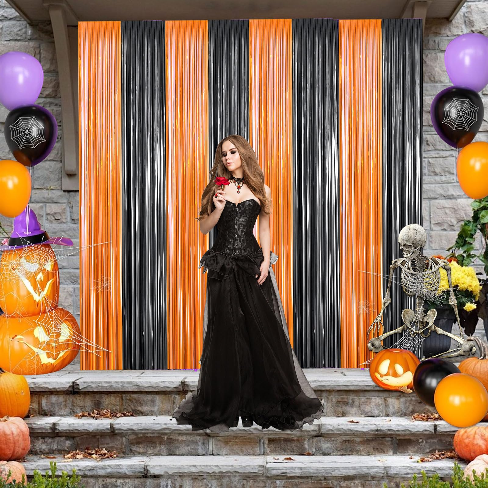 2 Packs 3ft x 8.4ft Orange Black Metallic Tinsel Foil Fringe Curtains Photo Booth Props for Halloween Birthday Bridal Shower Baby Shower Bachelorette Holiday Celebration Party Decorations