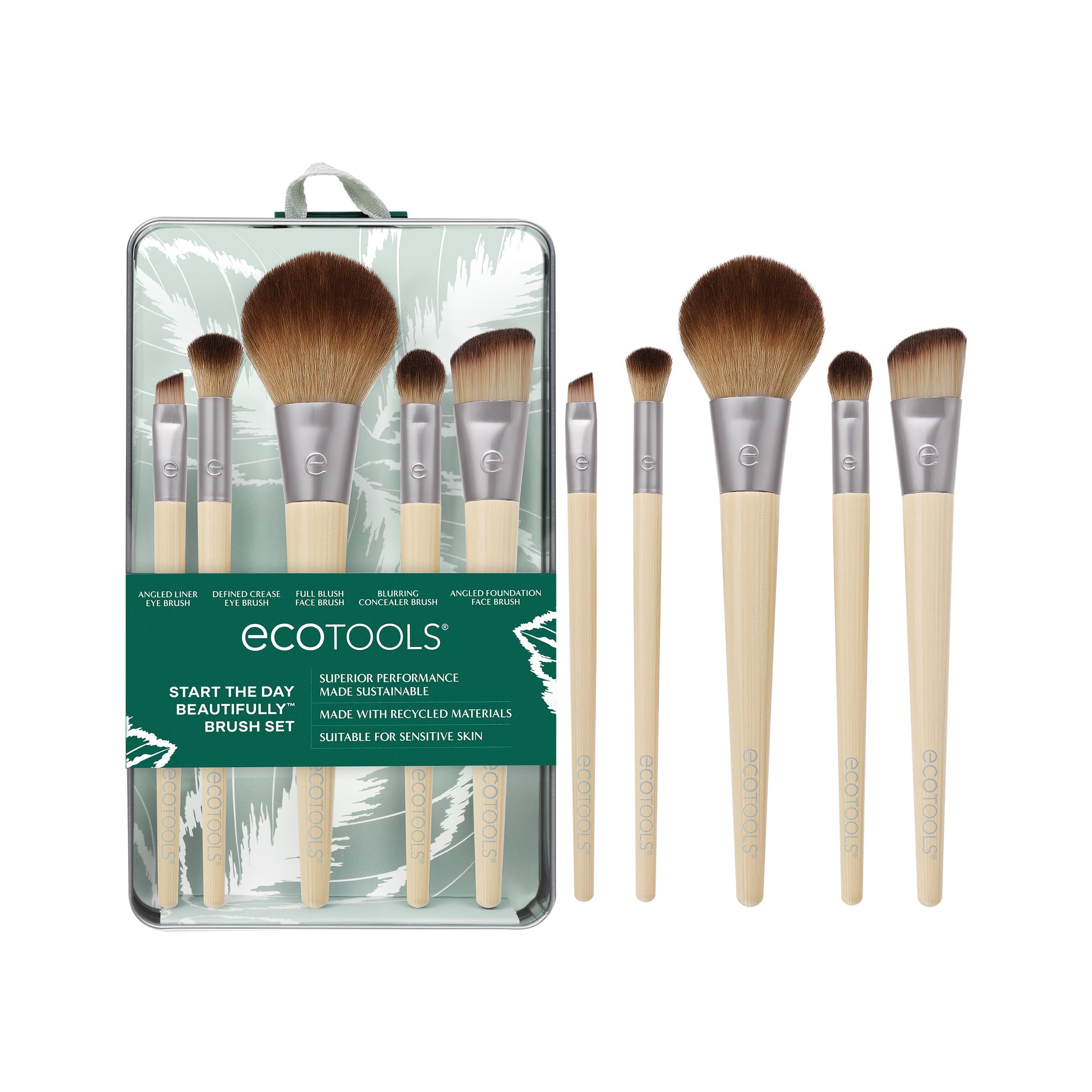 EcoTools Start The Day Beautifully 6 Piece Makeup Brush Set, Makeup Brushes For Eyeshadow, Blush, Concealer, & Foundation Application, Eco-Friendly, Gift Set, Synthetic Hair, Vegan & Cruelty-Free