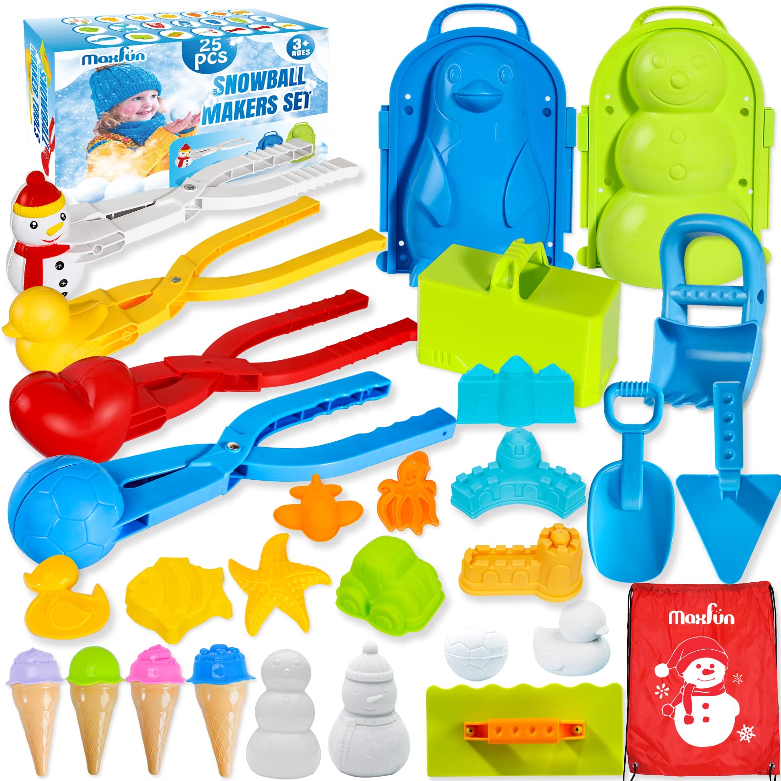 Max Fun 25Pcs Winter Snowball Tool Kit with Handle for Snow Ball Shapes Fights Duck for Kids Toddlers Adults Outdoor Sand Molds Beach Toys