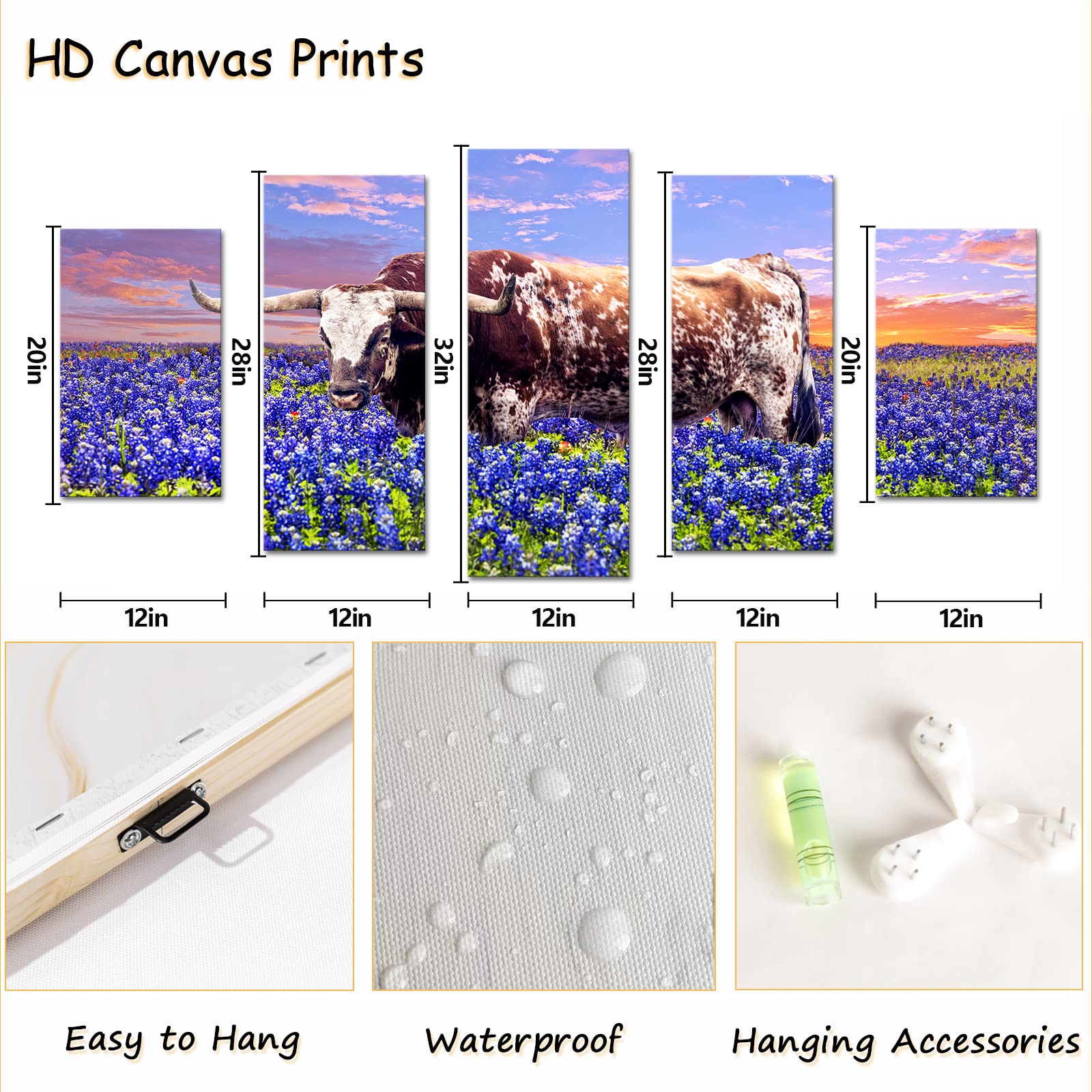 RyounoArt Lonhorn Canvas Wall Art Texas Bluebonnet Field Painting Pictures Texas Farm Artwork for Home Living Room Office Wall Decor Ready to Hang