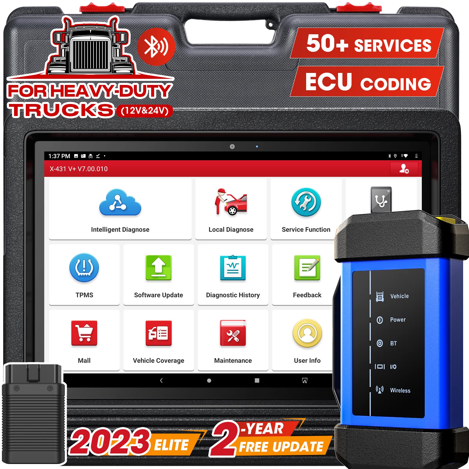 LAUNCH X431 V+ 5.0, SmartLink C Heavy Duty Truck Scanner for Commercial/Passenger Vehicles, J2534 D-PDU, ECU Program, ECU Coding, Topology, 60 Reset, Bi-Directional Scan Tool, All System