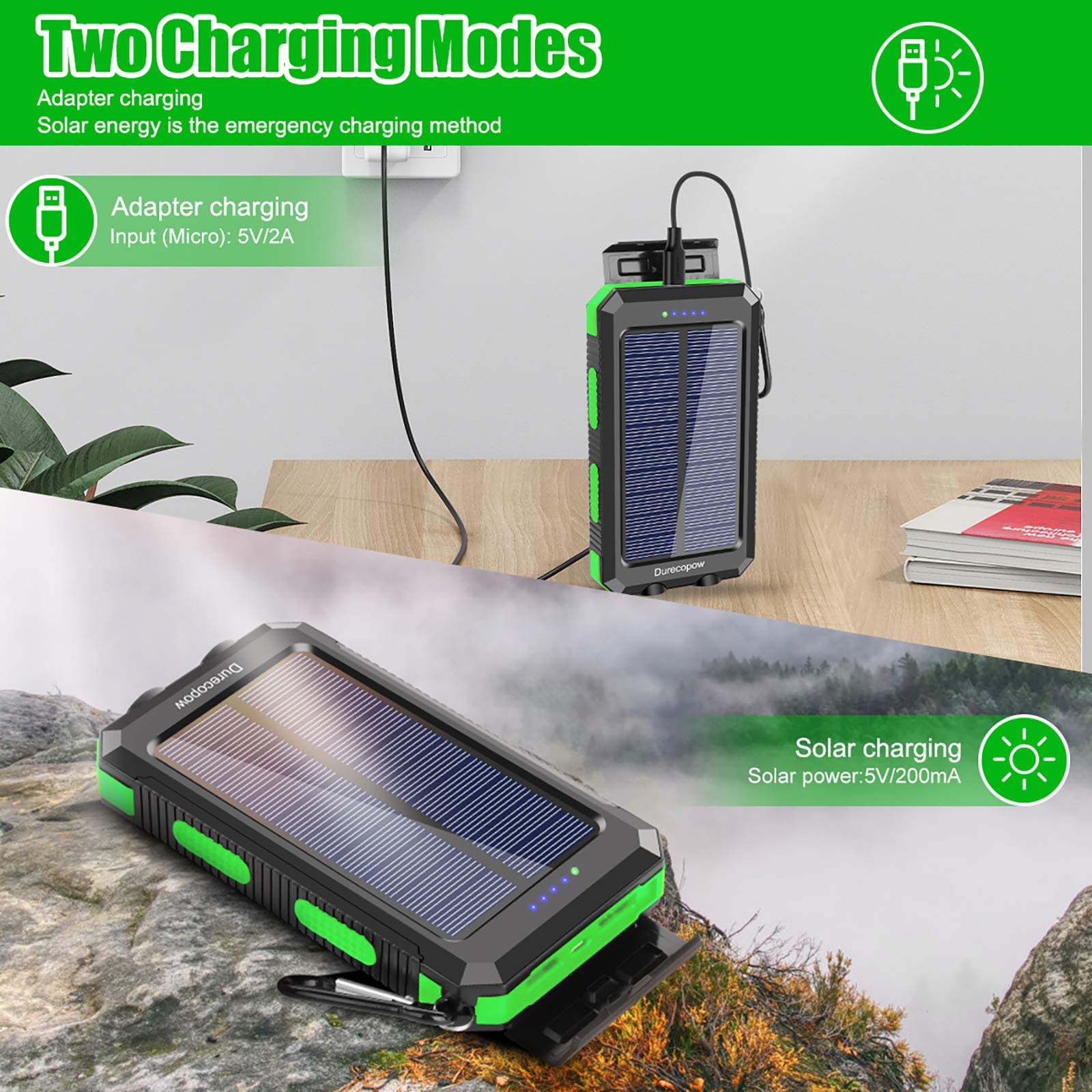 Solar Charger, 20000mAh Portable Outdoor Waterproof Solar Power Bank, Camping External Backup Battery Pack Dual 5V USB Ports Output, 2 Led Light Flashlight with Compass (Green)