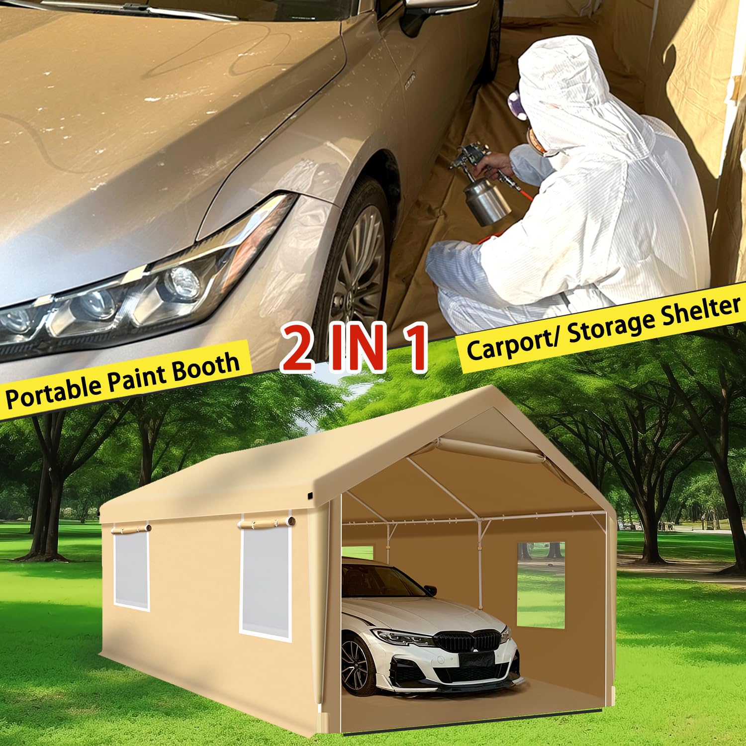 CooTentler Rainproof Portable Paint Booth 26X14X10.5FT Spray Booth with 4pcs Double-Layer Air Filters & Floor for Painting Cars, Auto Parts, Furnitures and Other Big Items