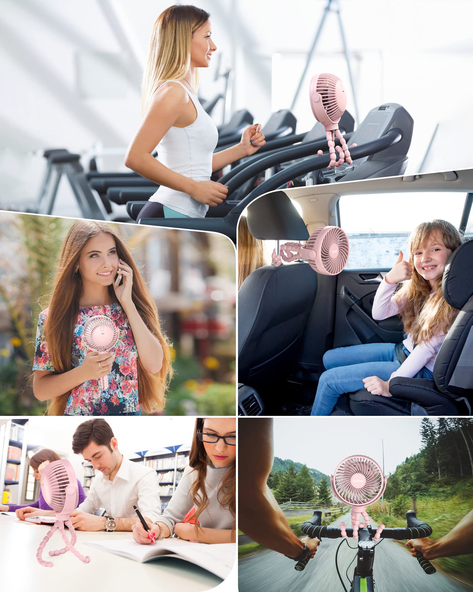 Coohea Stroller Fan Clip on Baby Fan USB Rechargeable Small Fan Battery Operated Portable Fan, Flexible Tripod for Car Seat Backseat Bike Beach Travel Trip Camping, 360°Rotatable, 3 Wind Speed, Pink