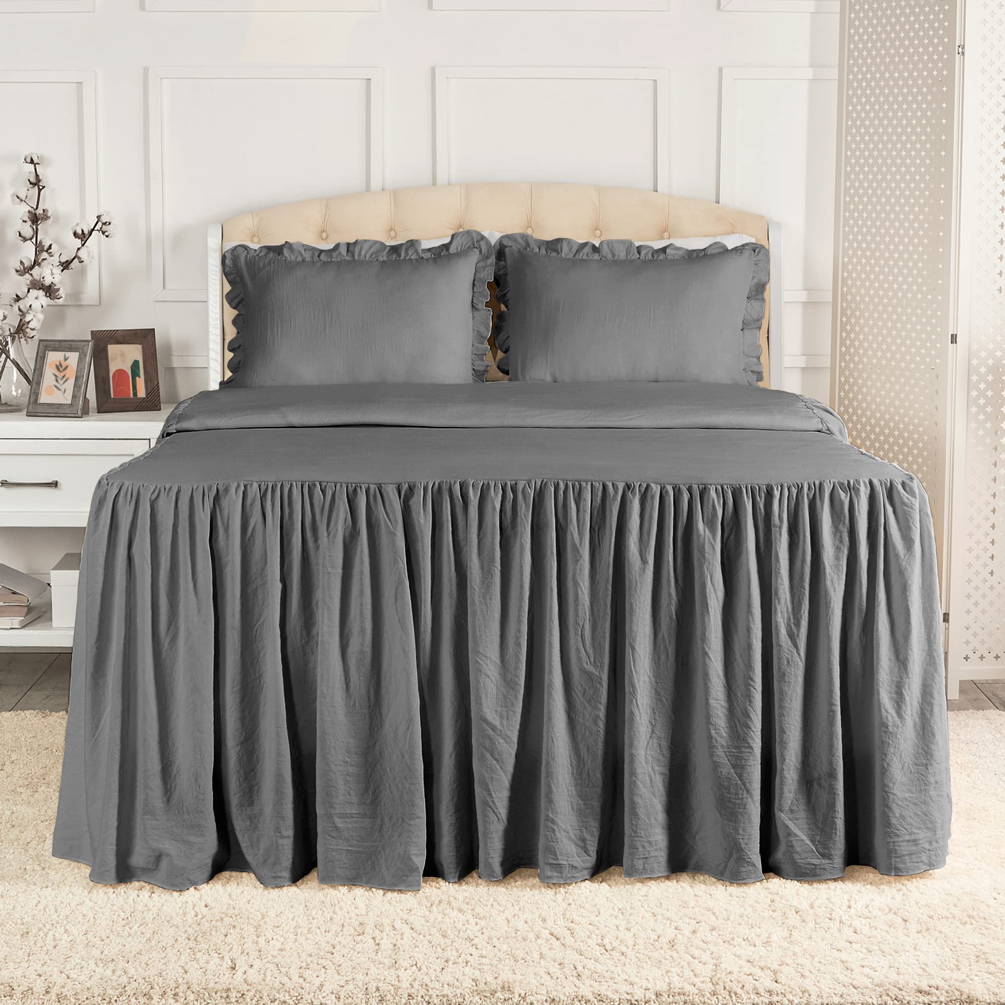 Mellanni Single-Tier Bedspread King Size Set - 3-Pieces: Ruffle Bedspread & 2 Shams - 30" Drop Ruffle Bedskirt for Total Coverage - Ultra-Soft Bedding (King, Gray)