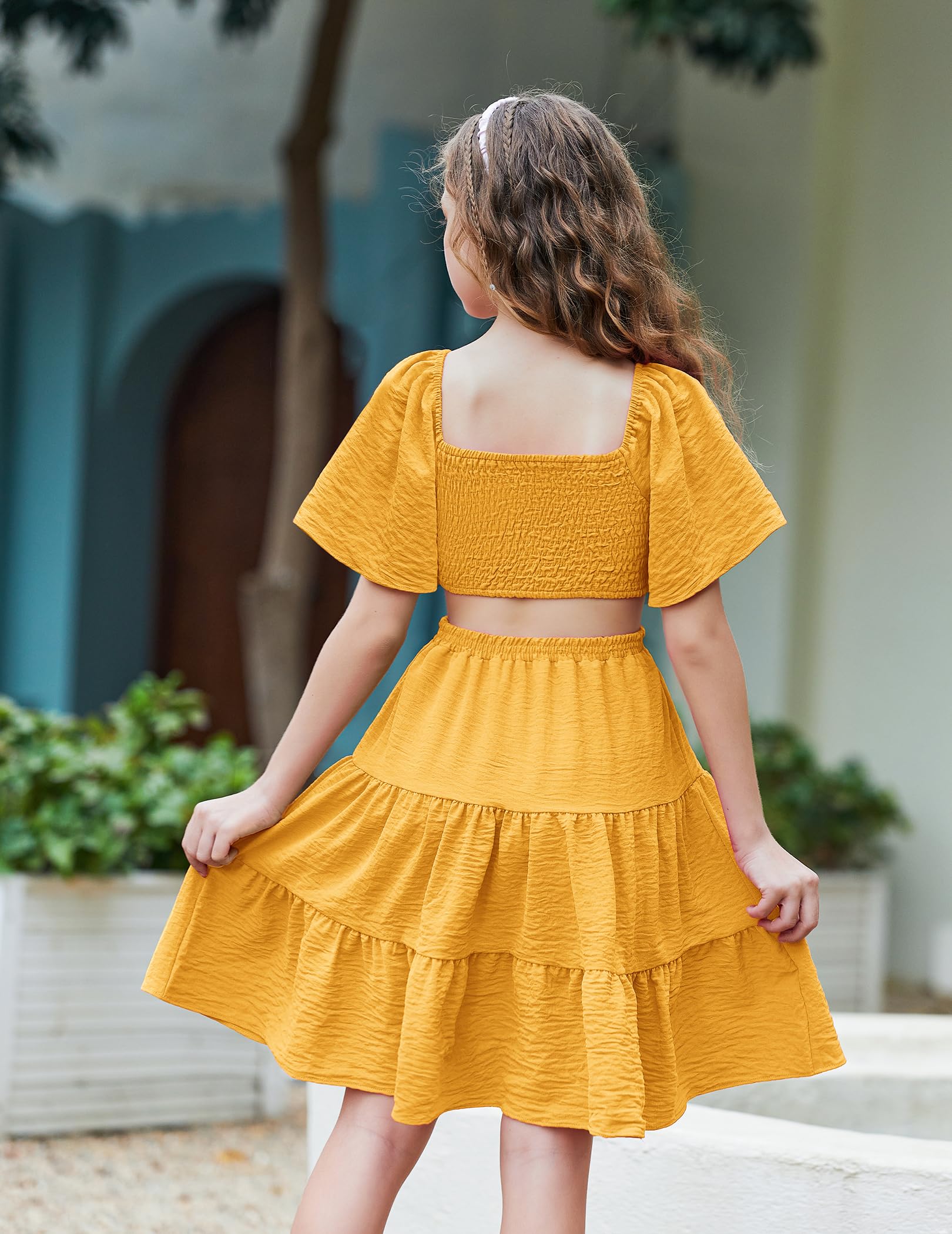 Arshiner Girls Dresses Off Shoulder Cut Out Shirred Tiered Vacation Yellow Spring Dress 13-14