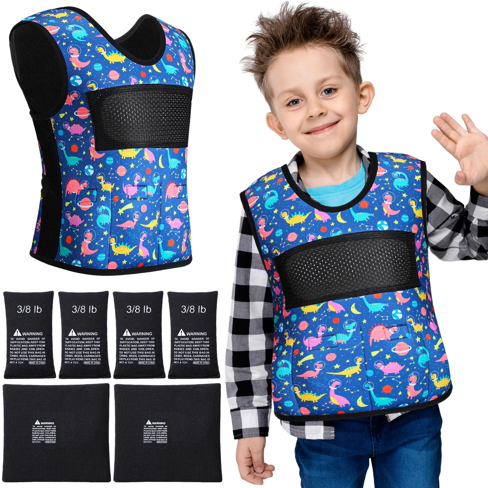 Janmercy Weighted Vest for Kids Ages 4 to 7 and Ages 8+ Boy Girl Adjustable Breathable Compression Vest for Processing Issue(Dinosaur,Medium,Dark Blue)