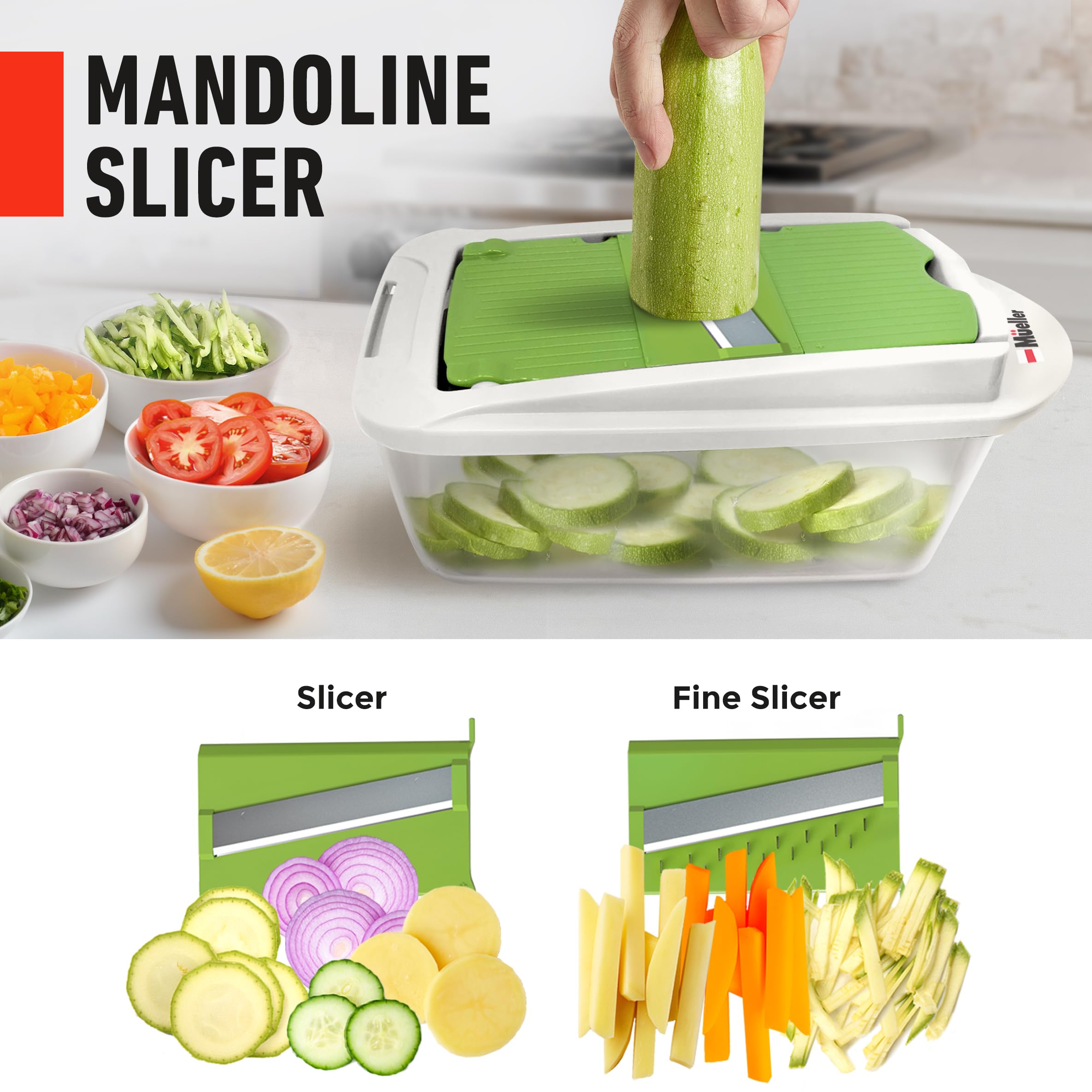 Mueller Pro-Series 10-in-1, 8 Blade Vegetable Chopper, Onion Mincer, Cutter, Dicer, Egg Slicer with Container, French Fry Cutter Potato Slicer, Home Essentials, Salad Chopper White Sand/Green