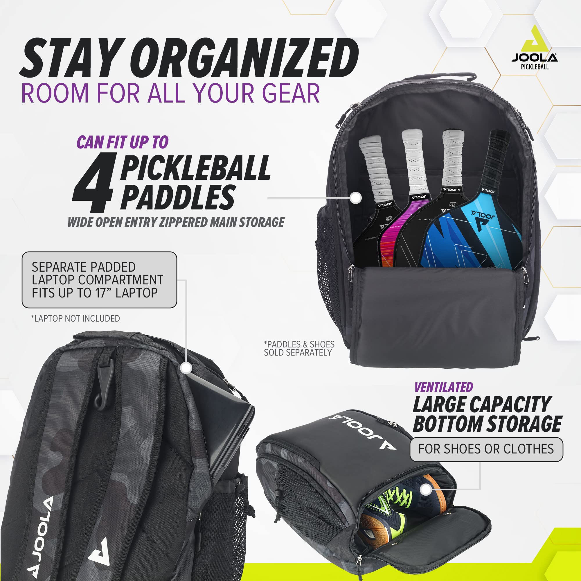 JOOLA Pickleball Bag - Vision II Deluxe Pickleball Backpack - Large Paddle Bag fits 4 Pickleball Paddles & Gear - Fence Hook, Extra Pockets, Ventilated Shoe Storage - Black