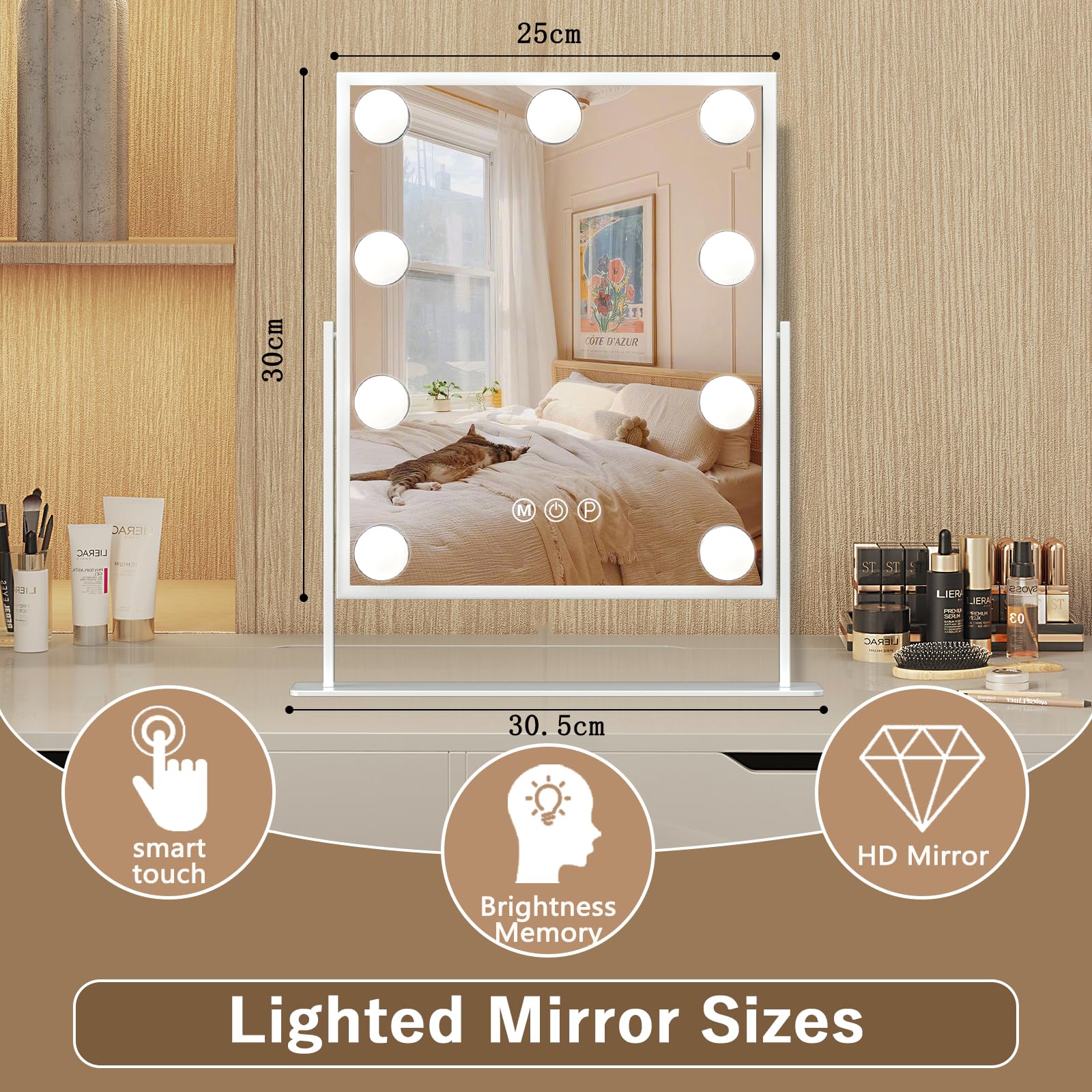 Hansong Vanity Mirror with Lights Lighted Makeup Mirror with 9 LED Bulbs Plug in Light Up Makeup Mirror with Lights 360 Rotation with 10x Magnifying Mirror Tabletop