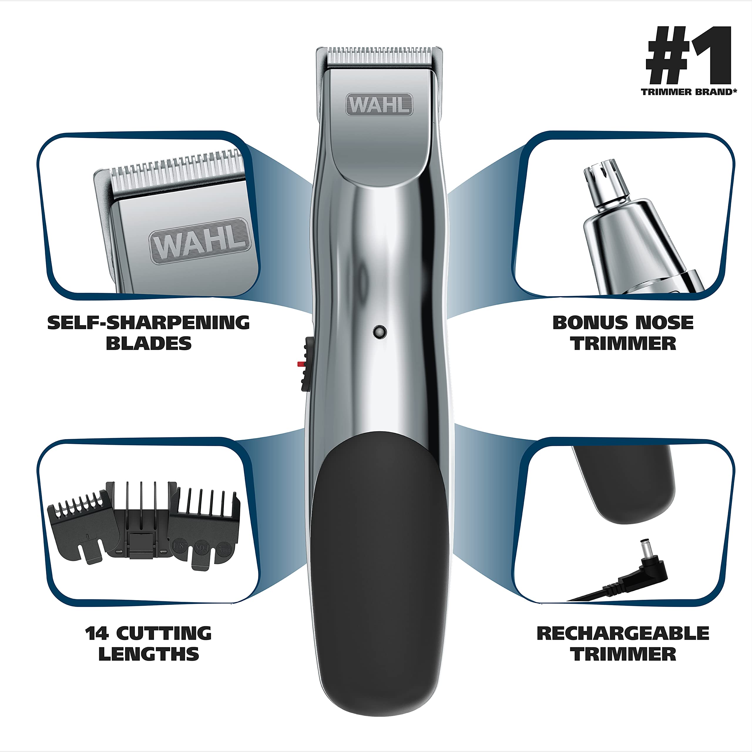 Wahl Groomsman Rechargeable Beard Trimmer kit for Mustaches, Nose Hair, and Light Detailing and Grooming with Bonus Wet/Dry Battery Nose Trimmer – Model 5622v