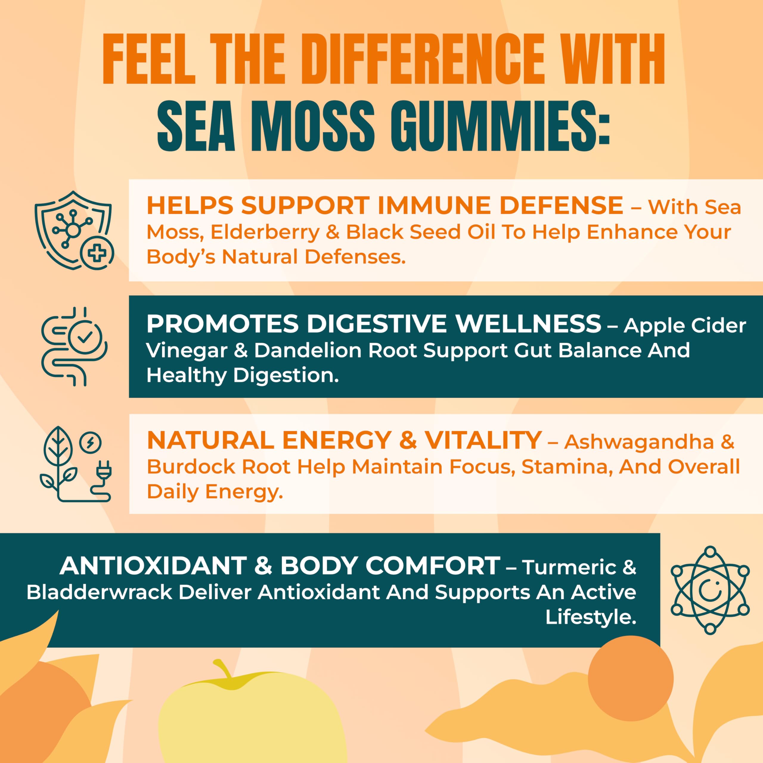 Sea Moss & Apple Cider Vinegar Gummies – 10-in-1 Herbal Blend with Black Seed Oil, Ashwagandha, Turmeric, Bladderwrack, Sea Vegetables, Burdock Root & Dandelion – Vegan, USA Made, Apple Flavor – 60 ct
