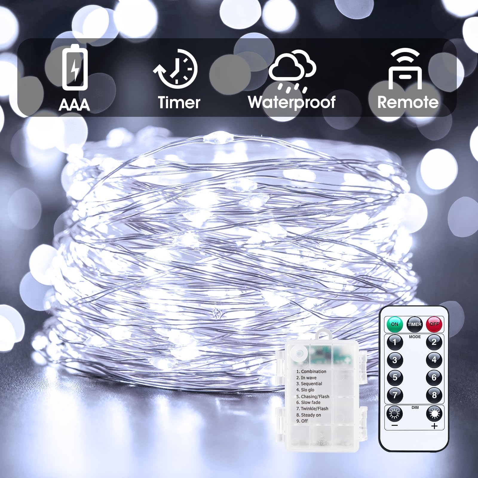 33Ft 100LED Outdoor String Lights, Pure White Fairy Lights Battery Operated with Remote, Waterproof Twinkle Lights for Bedroom Dorm Patio Tapestry Backyard Garden Party Indoor Christmas Decoration