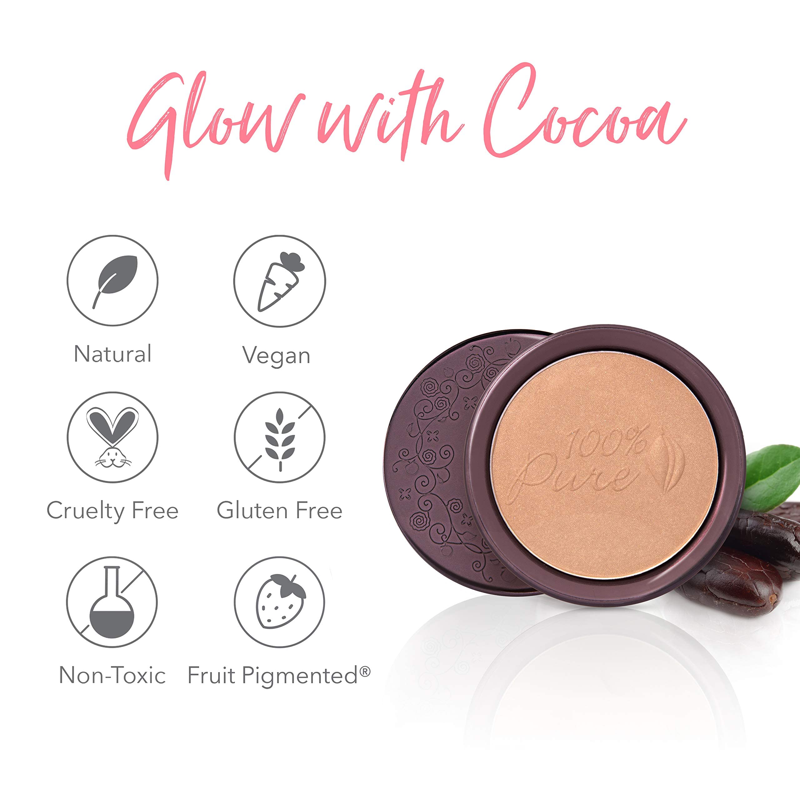 100% PURE Cocoa Pigmented Bronzer Powder for Face Makeup Contour Soft Shimmer Sun Kissed Glow Cocoa Gem (Light Peachy Brown w/Golden Undertones) - 0.32 Oz