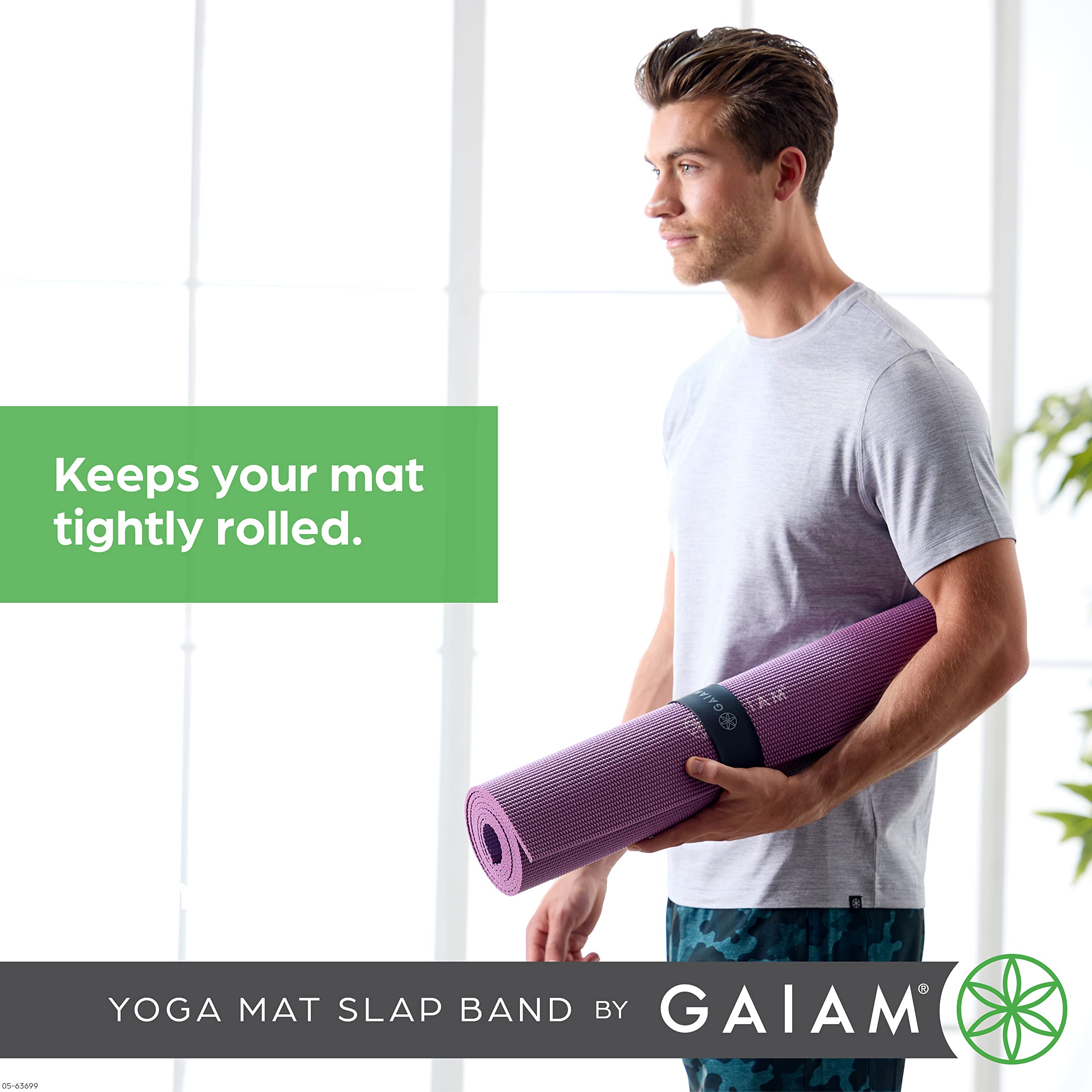 Gaiam Yoga Mat Strap Slap Band - Keeps Your Mat Tightly Rolled and Secure with One Snap - Strong Clasp for Yoga Mat Storage and Travel - Fits Most Size Mats (20"L x 1.5"W), Black