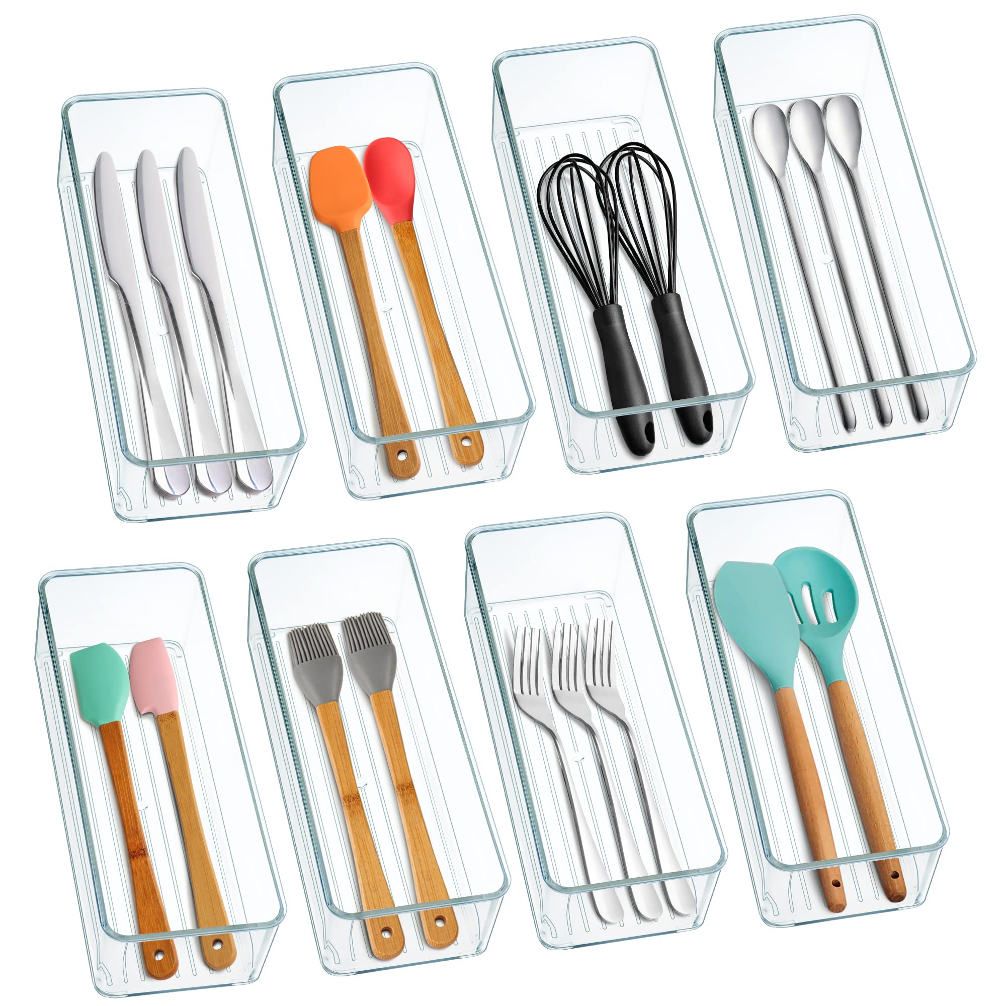 Hudgan 8 Pack Clear Plastic Drawer Organizer Bins Set, Stackable Cutlery Storage Bins Trays for Organizing Kitchen, Bathroom, Office, Crafts, Gadgets, Cabinet Supplies