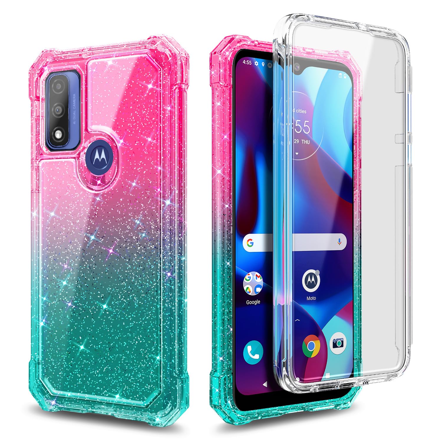 NZND Designed for Motorola Moto G Pure Case, Moto G Play 2023 /Power 2022 with [Built-in Screen Protector], Full-Body Protective Shockproof Bumper Glossy Stylish Case (Glitter Pink/Aqua)