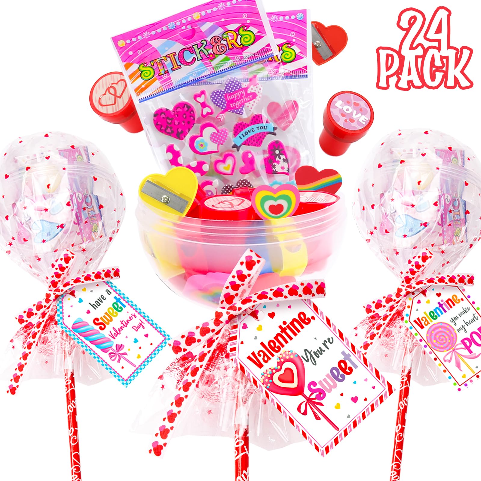 Valentines Day Gifts for Kids - 24 Pack Giant Lollipop-Shaped Stationery Set with Valentine's Cards Pencils Stickers Erasers Stampers Sharpener for Classroom Exchange School Boys Girls Party Favors