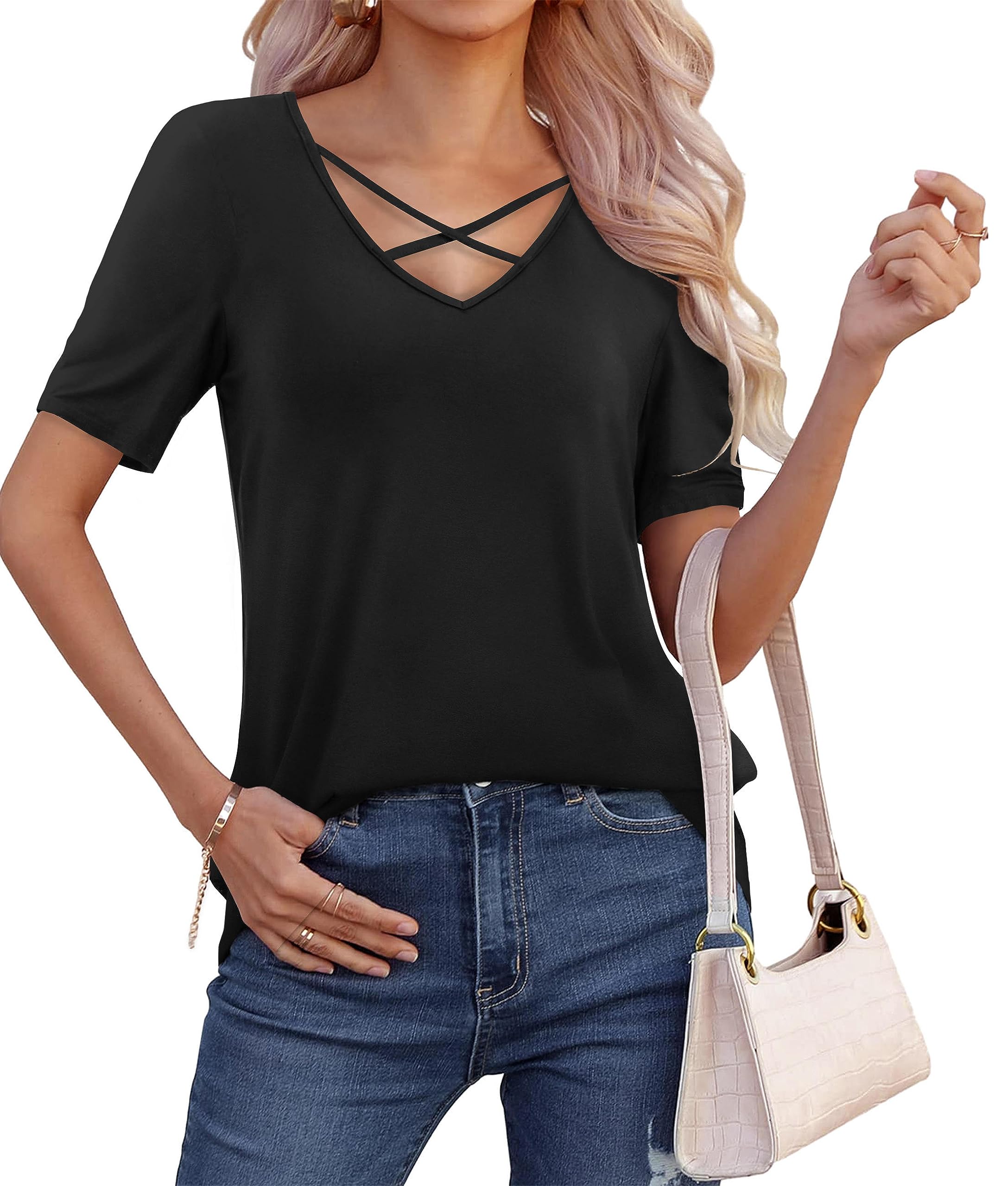 DittyandVibe Women's Short Sleeve V Neck Criss Cross T-Shirt Tops (Black,L)