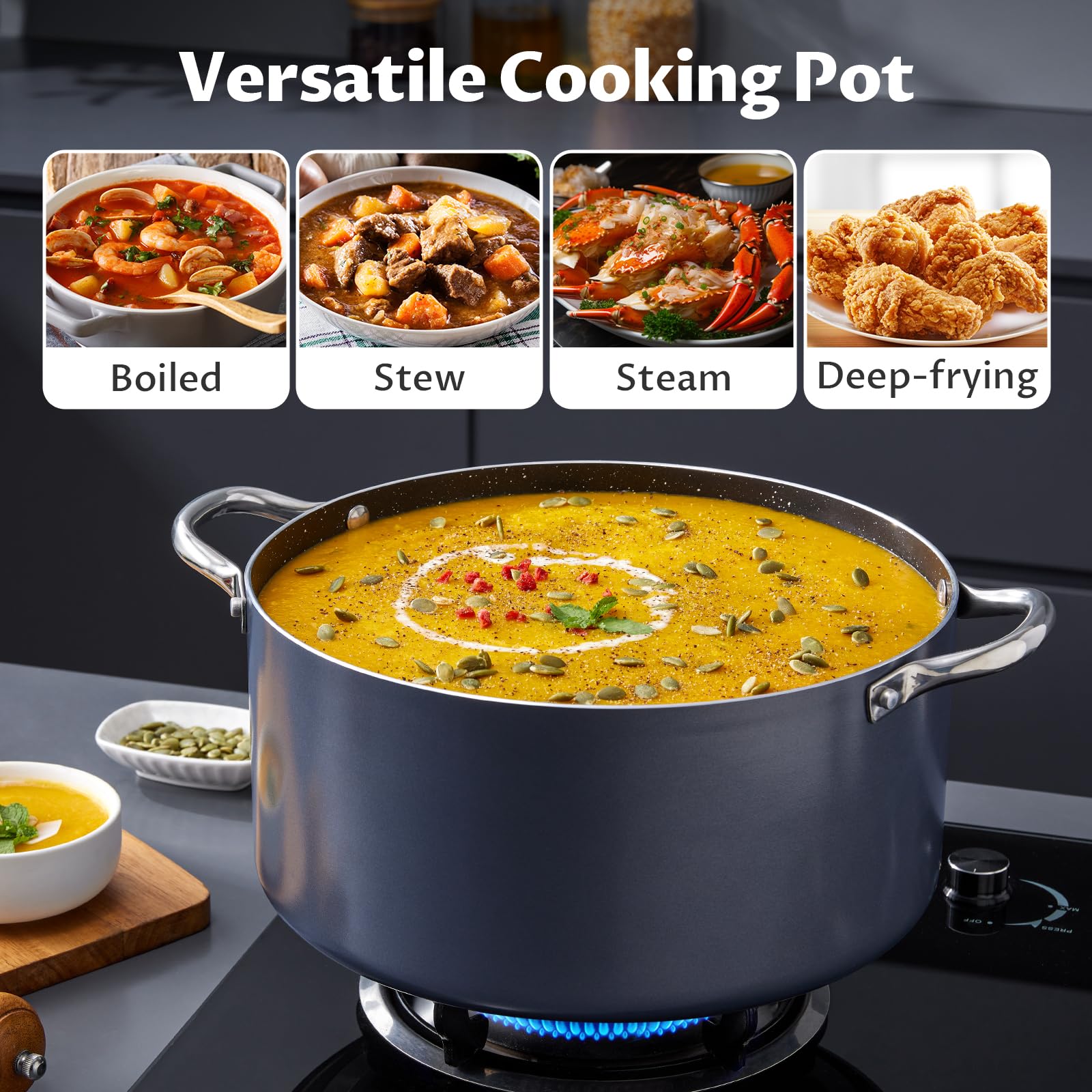 BEZIA 10 Quart Cooking Pot, Large Non Stick Induction Stock Pot with Lid, All Stove Compatible, 10 QT Aluminum Soup/Stew Pot For Large-batch Cooking, Grey
