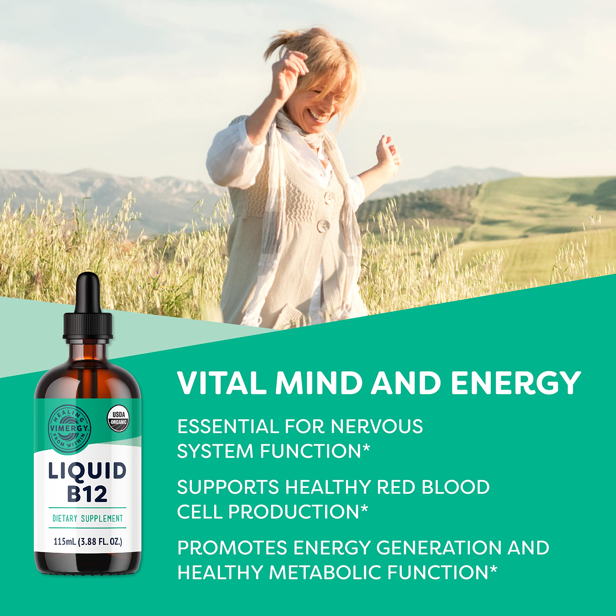 Vimergy USDA Organic B12, 115 Servings – Alcohol Free B-12 Liquid Vitamin - Supports Brain Energy, Nervous System, Cognition, Memory – No Gluten, Non-GMO, Vegan, Paleo, Naturally Sweet Flavor (115 ml)