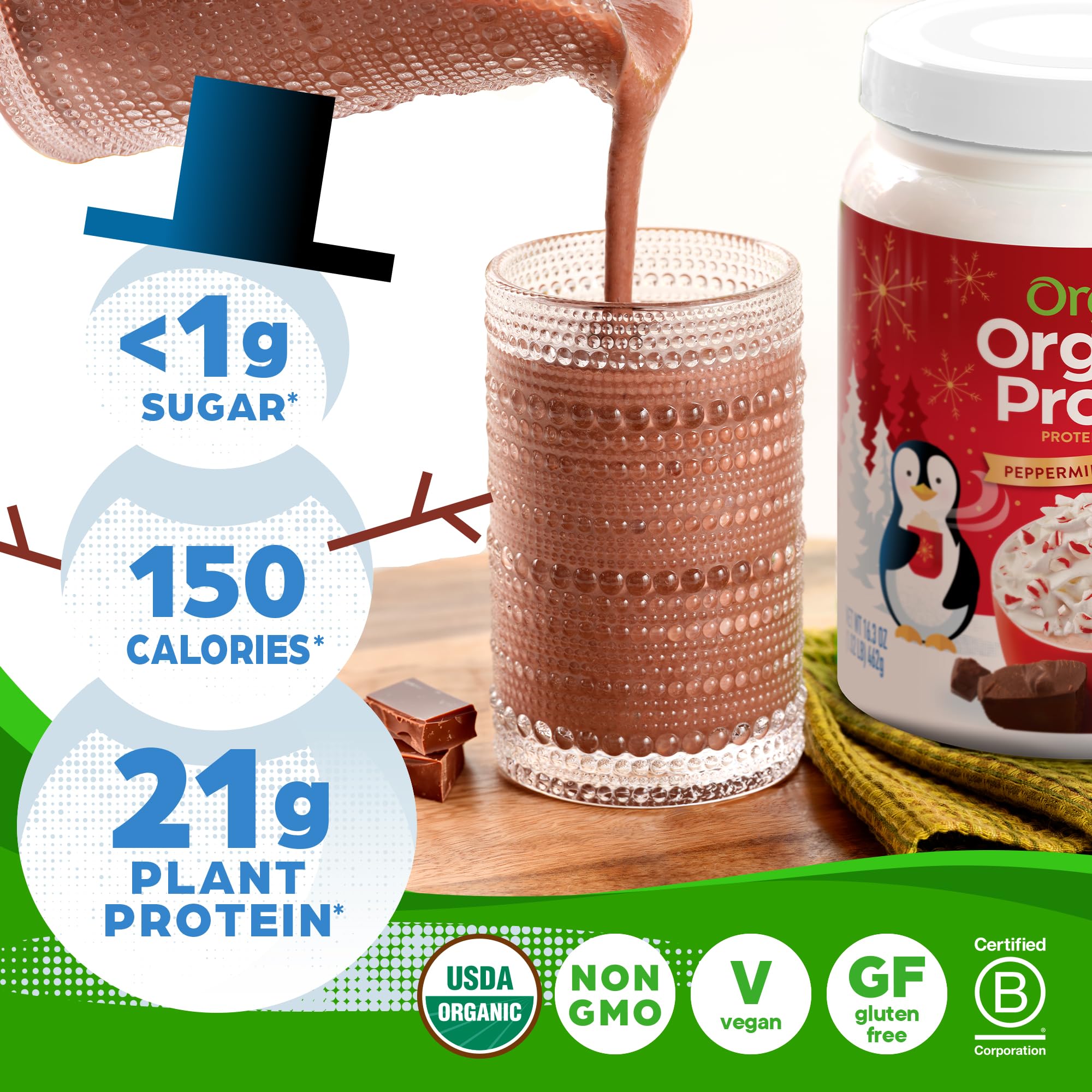 Orgain Organic Vegan Protein Powder, Peppermint Hot Cocoa Holiday Flavor - 21g of Plant Protein, 5g Prebiotic Fiber, No Lactose Ingredients, Non-GMO, Shakes & Smoothies, 1.02 lb (Packaging May Vary)