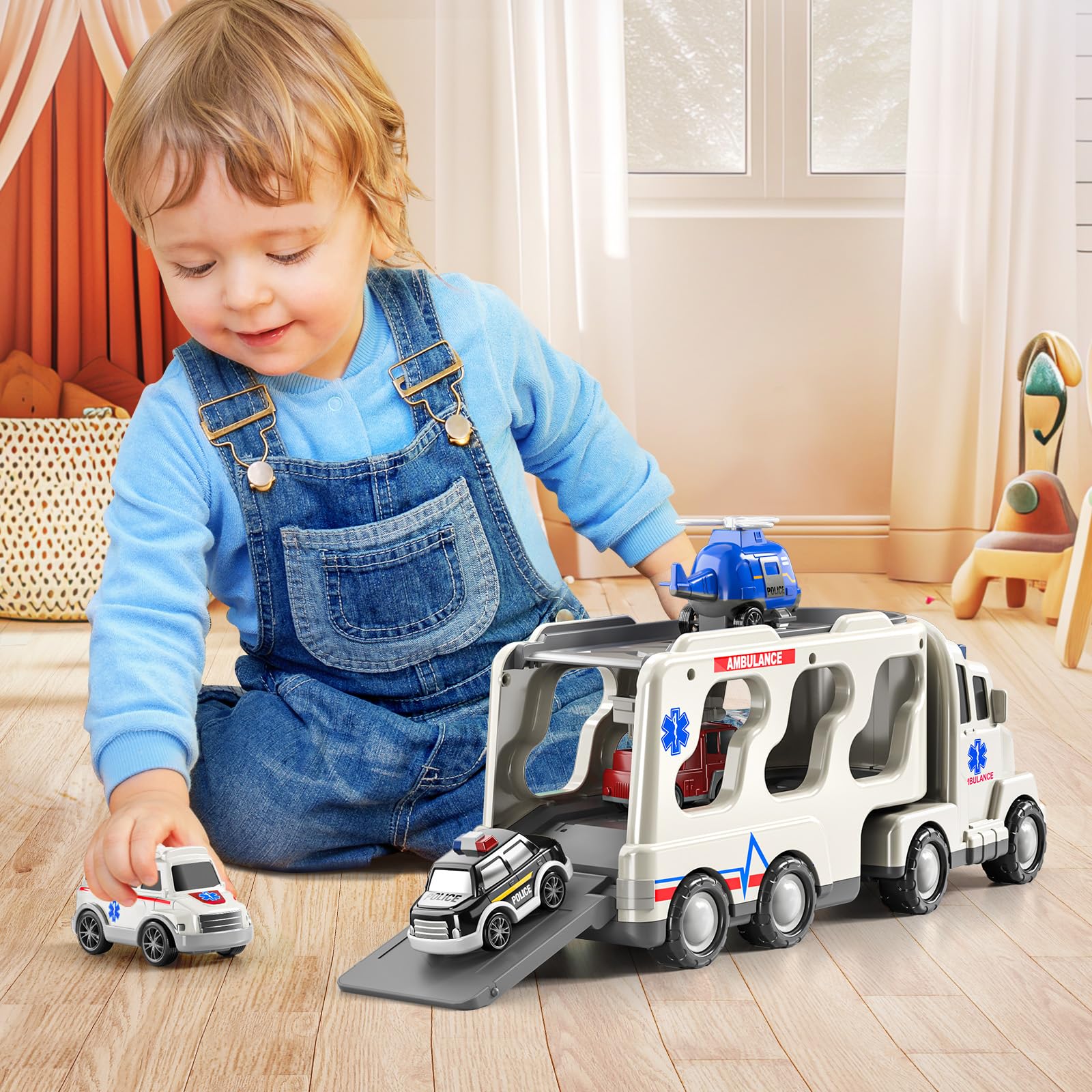 TEMI 5 Pack Emergency Rescue Vehicle Toddler Truck Toys for 3 4 5 6 Year Old Boys, Friction Power Cars with Rescue Helicopter, Police Car, Fire Truck, Ambulance Car, Birthday Gifts for Girls Age 3-9