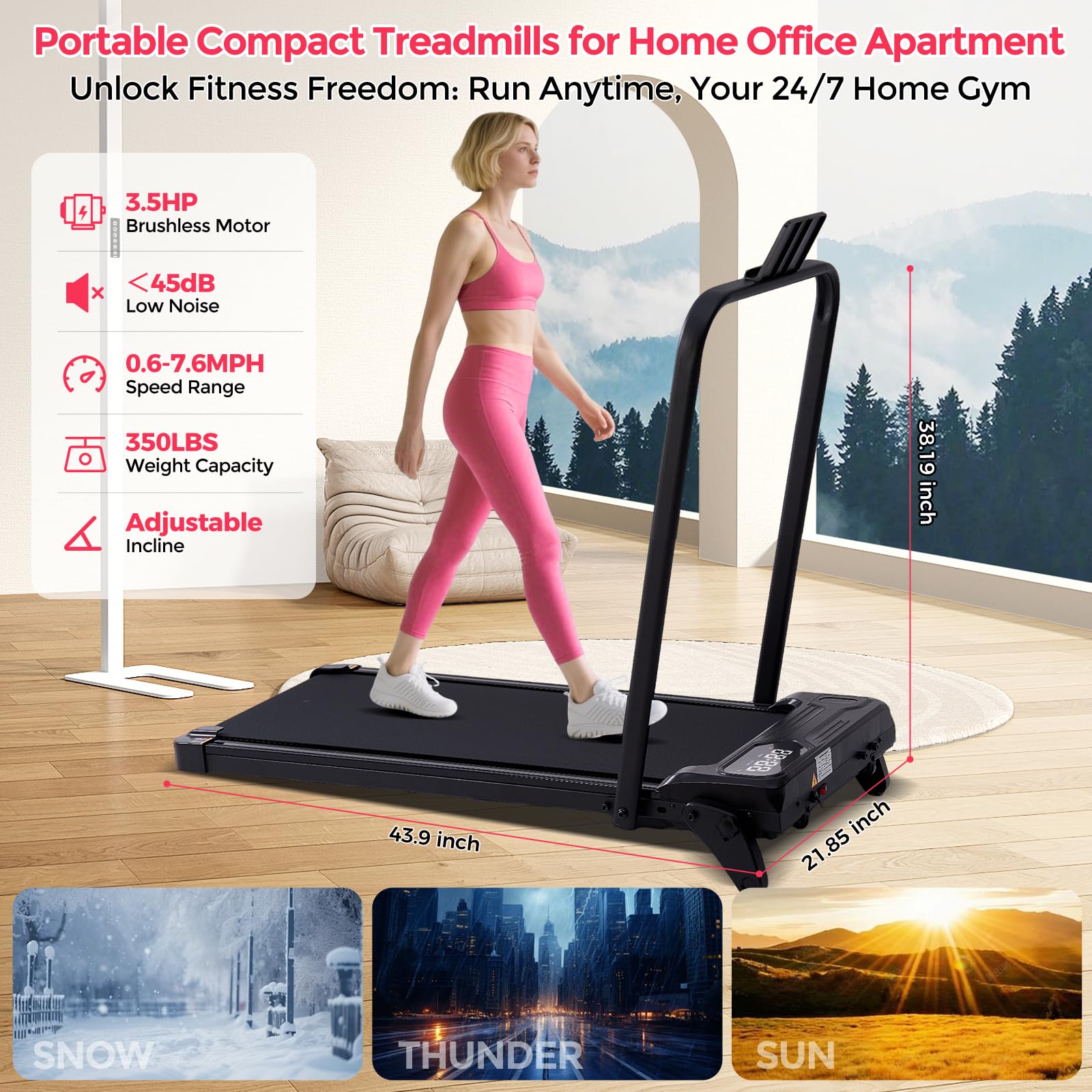 Walking Pad with Handle Bar & Adjustable Incline, 350LBS Compact Under The Desk Treadmill, 4-in-1 Portable Small Treadmills with Handles for Home Small Spaces, 3.5HP Electric Walking Pads, 0.6-7.6MPH