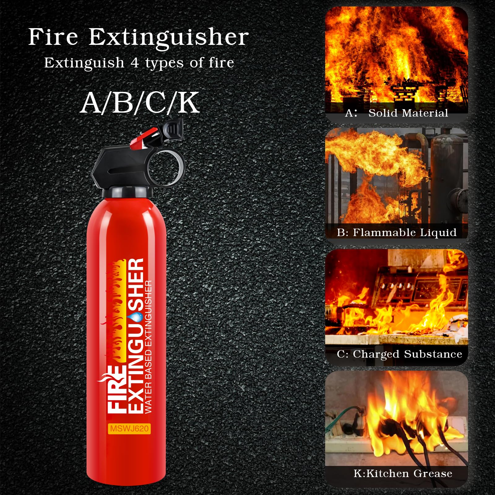 Fire Extinguisher for Home, 2Pack Car Fire Extinguisher with Mount, 4 in 1 Portable Kitchen Fire Extinguisher for A, B, C, K Category, 620ml Water-Based Fire Extinguisher for Truck Boat Home Office