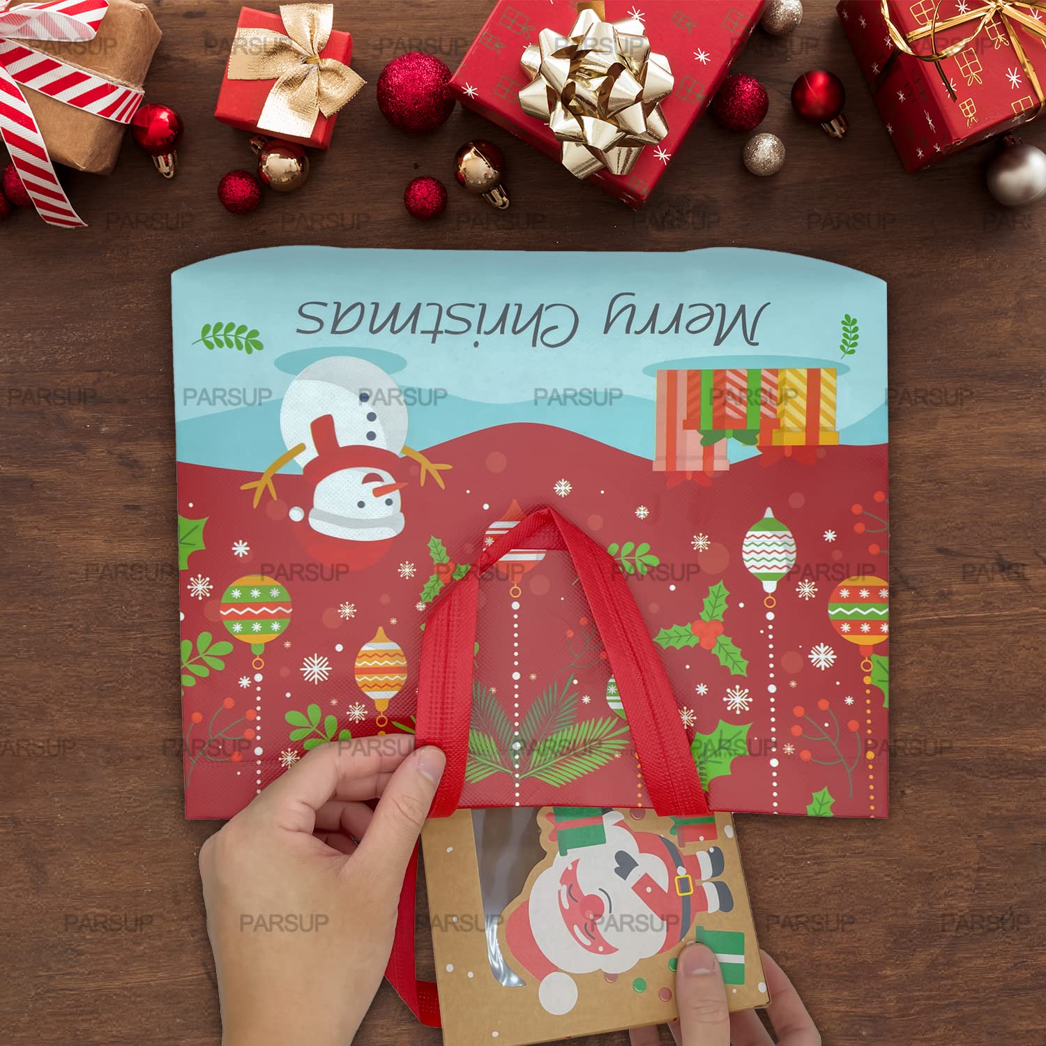 PARSUP 8PCS Christmas Gift Bags, Tote Bags with Handles, Treat Bags, Multifunctional Non-Woven Bags for Gifts Wrapping Shopping, Xmas Party Supplies, 12.8"×9.8"×6.7"