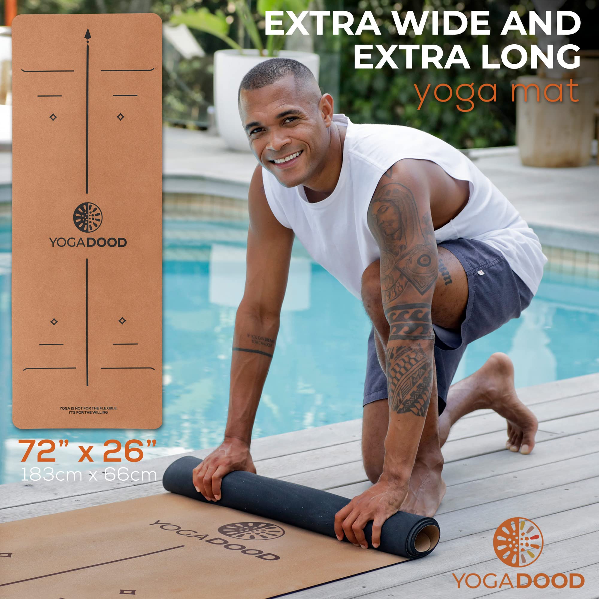 Premium Thick Cork Yoga Mat - Extra Long & Wide - 72” x 26” x 5mm - Non-Slip, Sweat-Resistant with Pose Alignment Lines for Bikram, Hot Yoga, & Workouts - by Yoga Dood