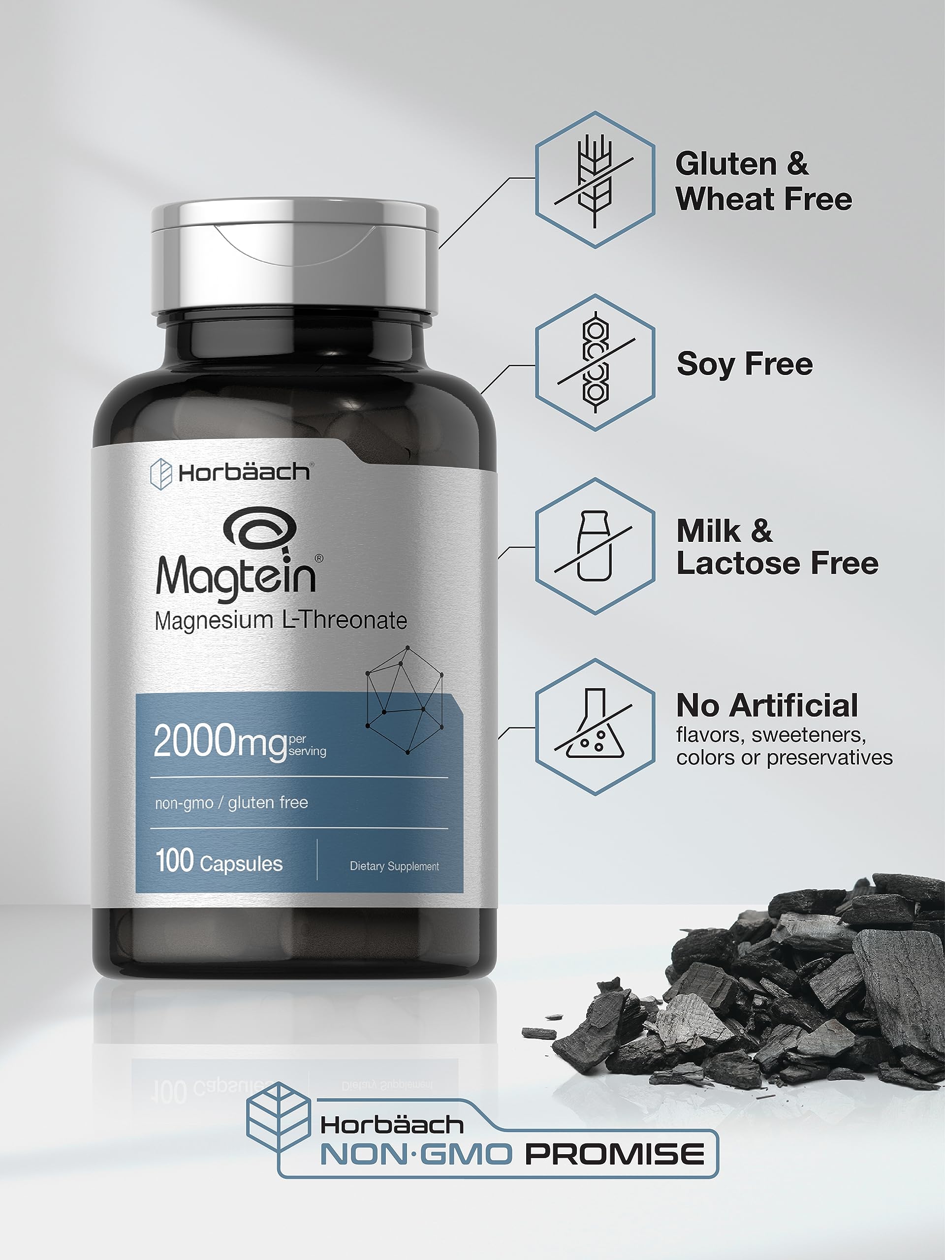 Horbäach Magtein Magnesium L-Threonate | 2000mg Supplement | 100 Capsules | for Men & Women | Non-GMO and Gluten Free