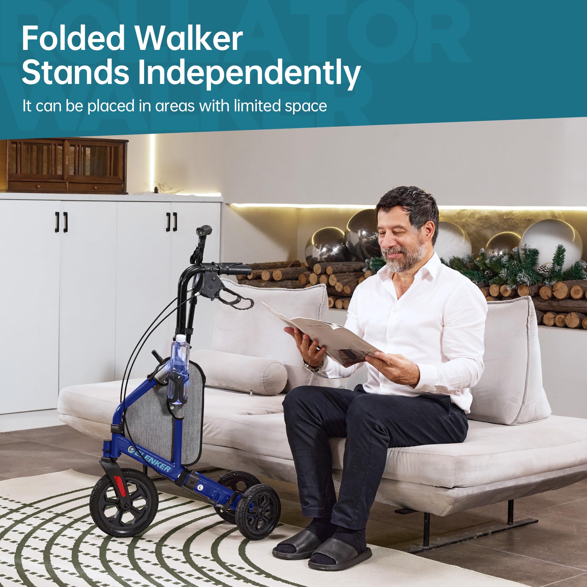 ELENKER All Terrain 3 Wheel Walkers for Seniors, 3 Wheeled Rollator with 10” Wheels, Narrow Walkers for Small Spaces, Compact Folding, Ideal for Traveling, Blue