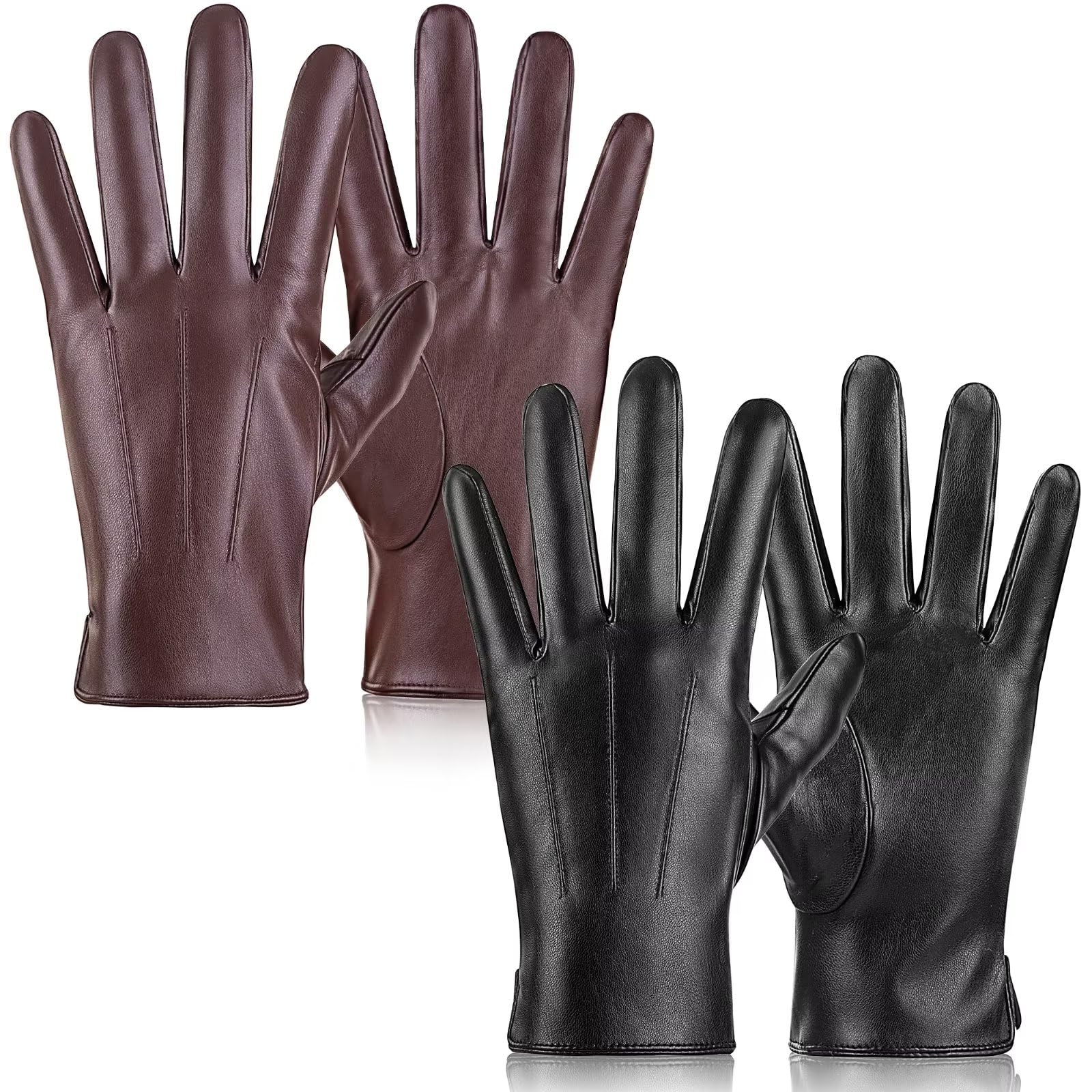 TOSWAKE Leather Gloves for Men 2 Pack, Winter Gloves Men PU Warm Thermal Wool Fleece Lined, Mens Gloves Touchscreen Texting for Driving Motorcycle(Black+Brown-L)