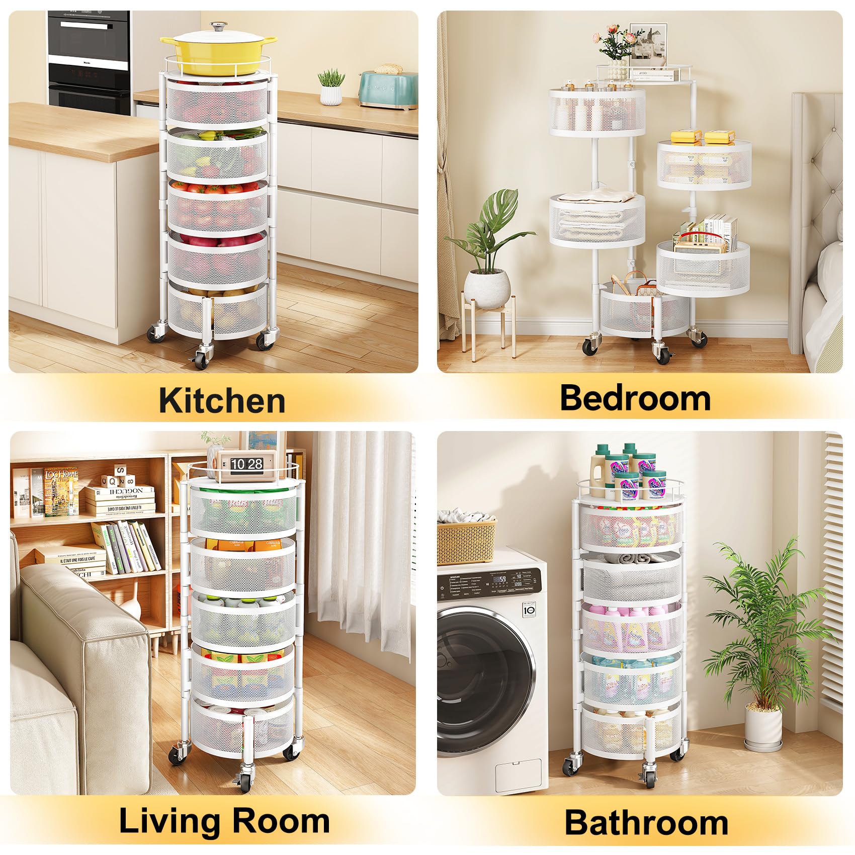 SNTD Fruit and Vegetable Basket Bowls for Kitchen with Metal Top Lid, 5 Tier Rotating Storage Rack Cart for Potato Onion Banana, Wire Basket Organizer on Wheels, Large (White)